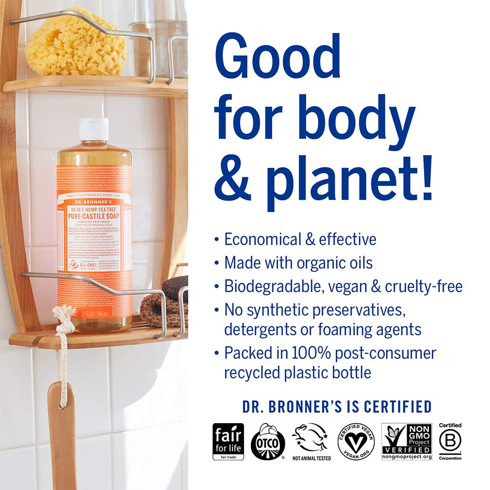Dr. Bronner's Pure-Castile Tea Tree Soap Bundle – 32oz Bottle + 2oz Travel Bottle