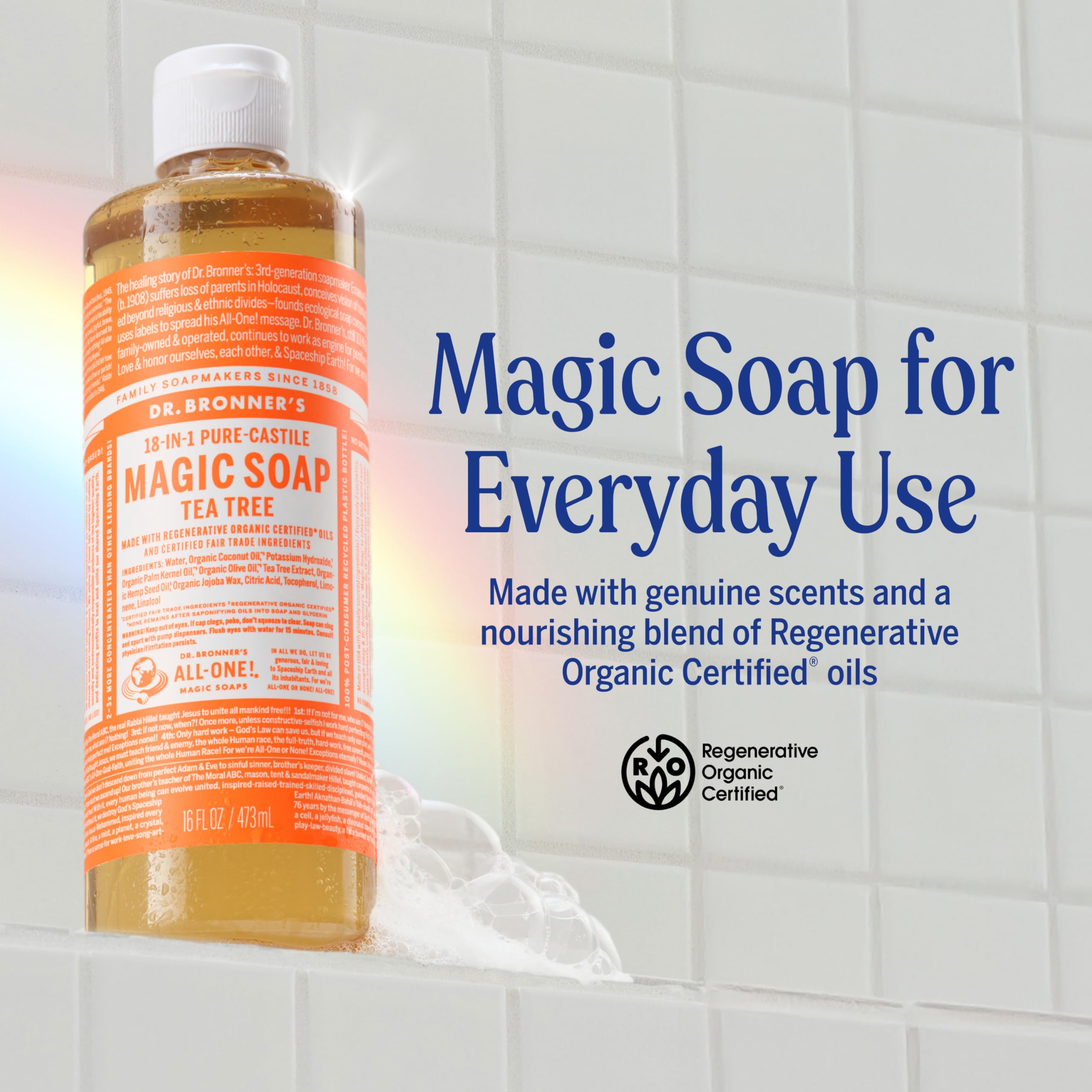 Dr. Bronner's Pure-Castile Tea Tree Soap Liquid – 32 oz x 2 Pack, Regenerative Organic Oils, 18-in-1 Uses