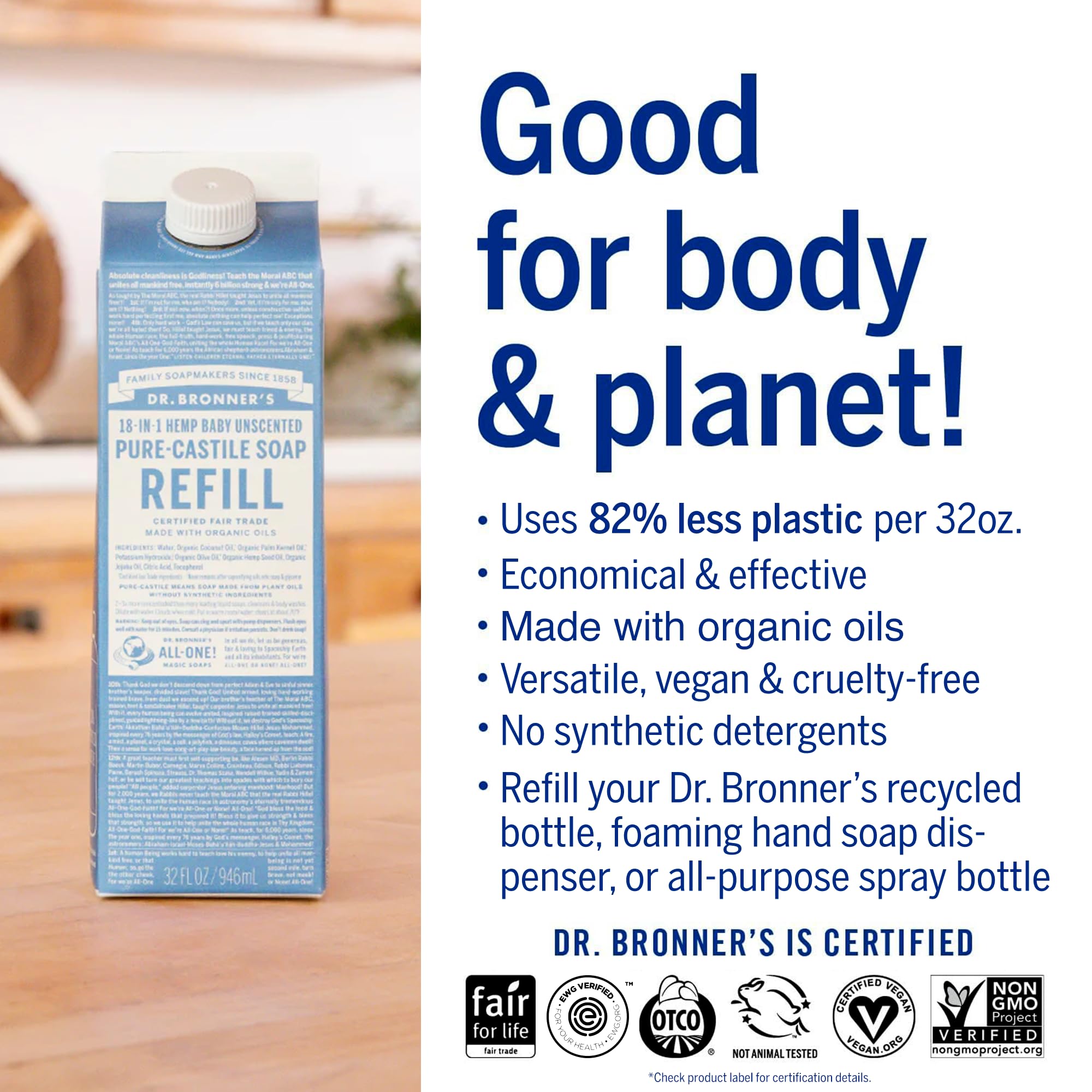 Dr. Bronner's Pure-Castile Soap Refill (32oz) – Regenerative Organic Oils, 86% Less Plastic, Baby Unscented, 18-in-1 Uses