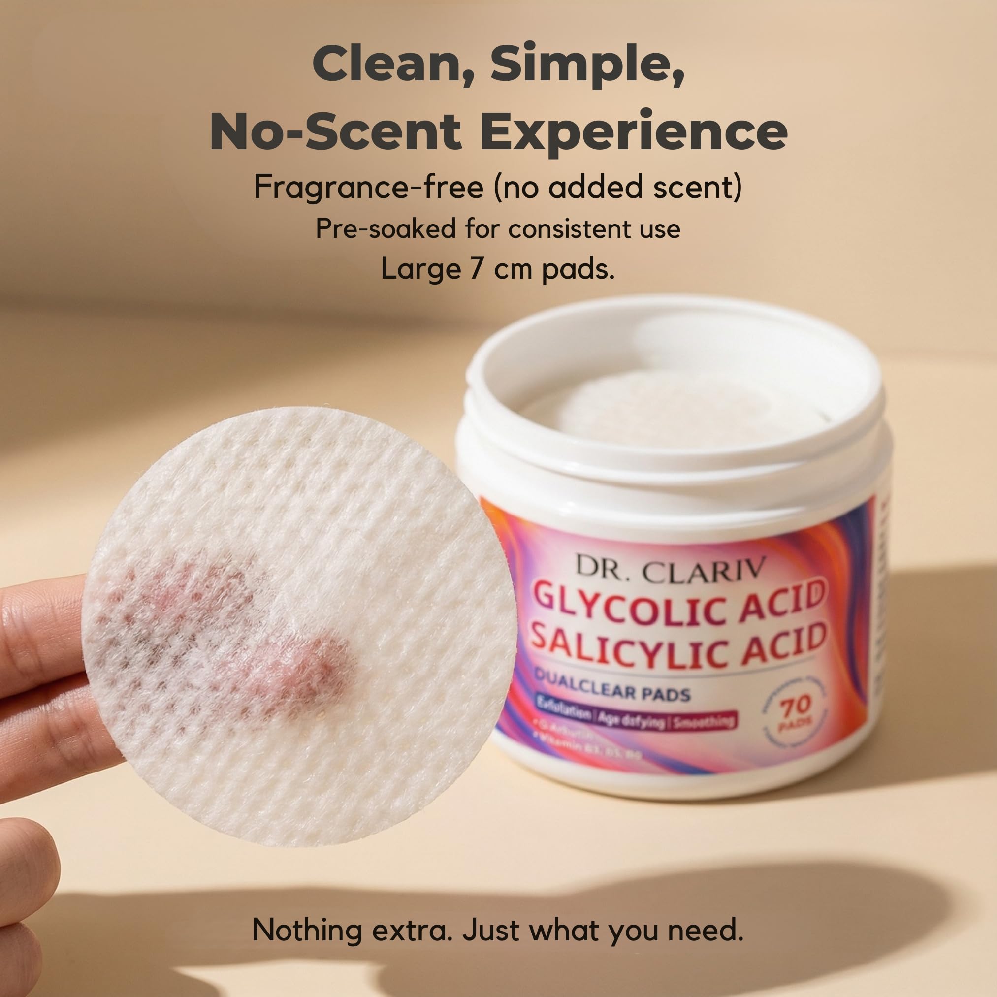 DR. CLARIV Exfoliating Pads with Glycolic 3% & Salicylic 0.5% — Unscented, Large 70 Count