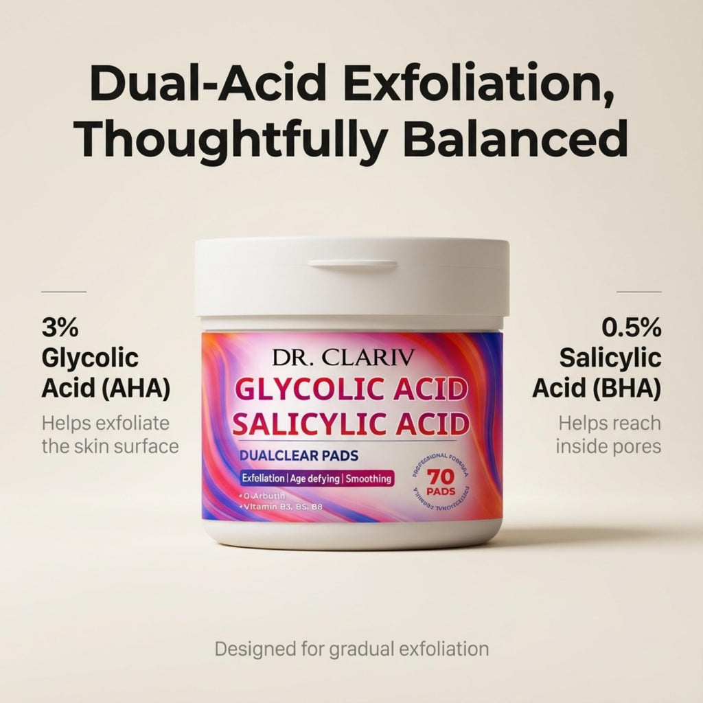 DR. CLARIV Exfoliating Pads with Glycolic 3% & Salicylic 0.5% — Unscented, Large 70 Count