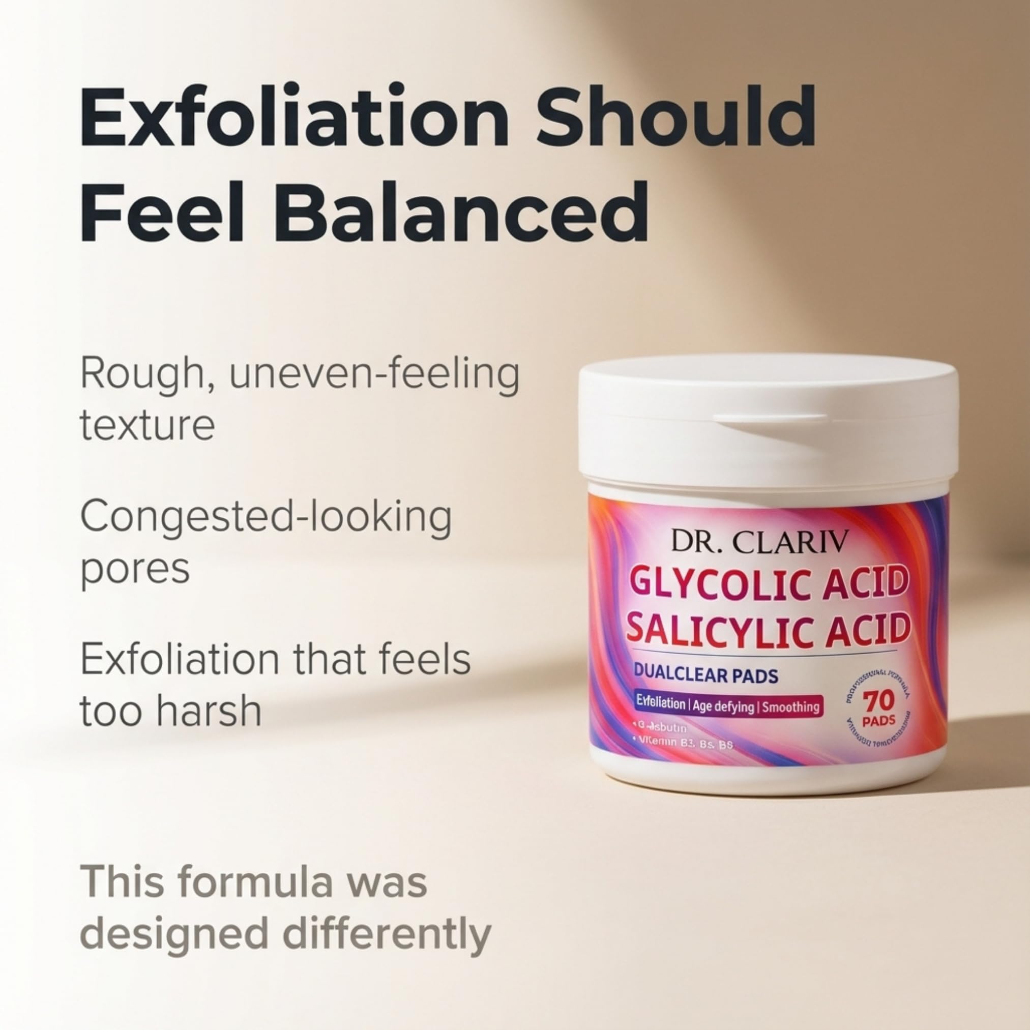 DR. CLARIV Exfoliating Pads with Glycolic 3% & Salicylic 0.5% — Unscented, Large 70 Count