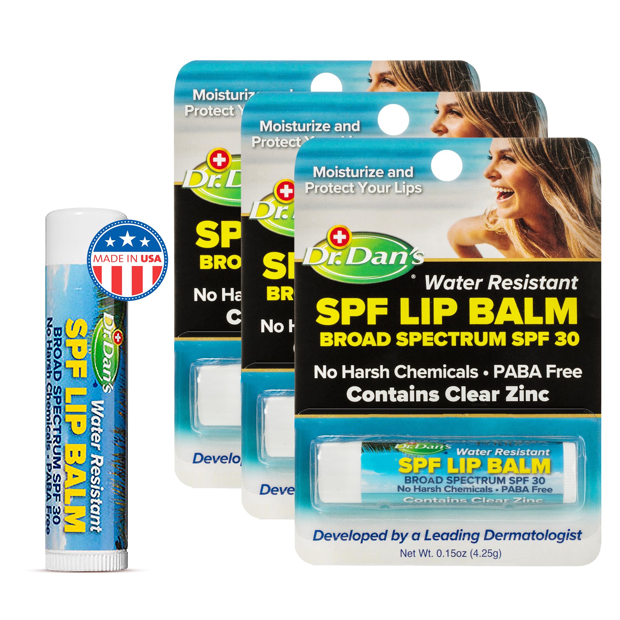 Dr. Dan's SPF 30 Lip Balm – Mineral Based, Hypoallergenic, 3 Pack