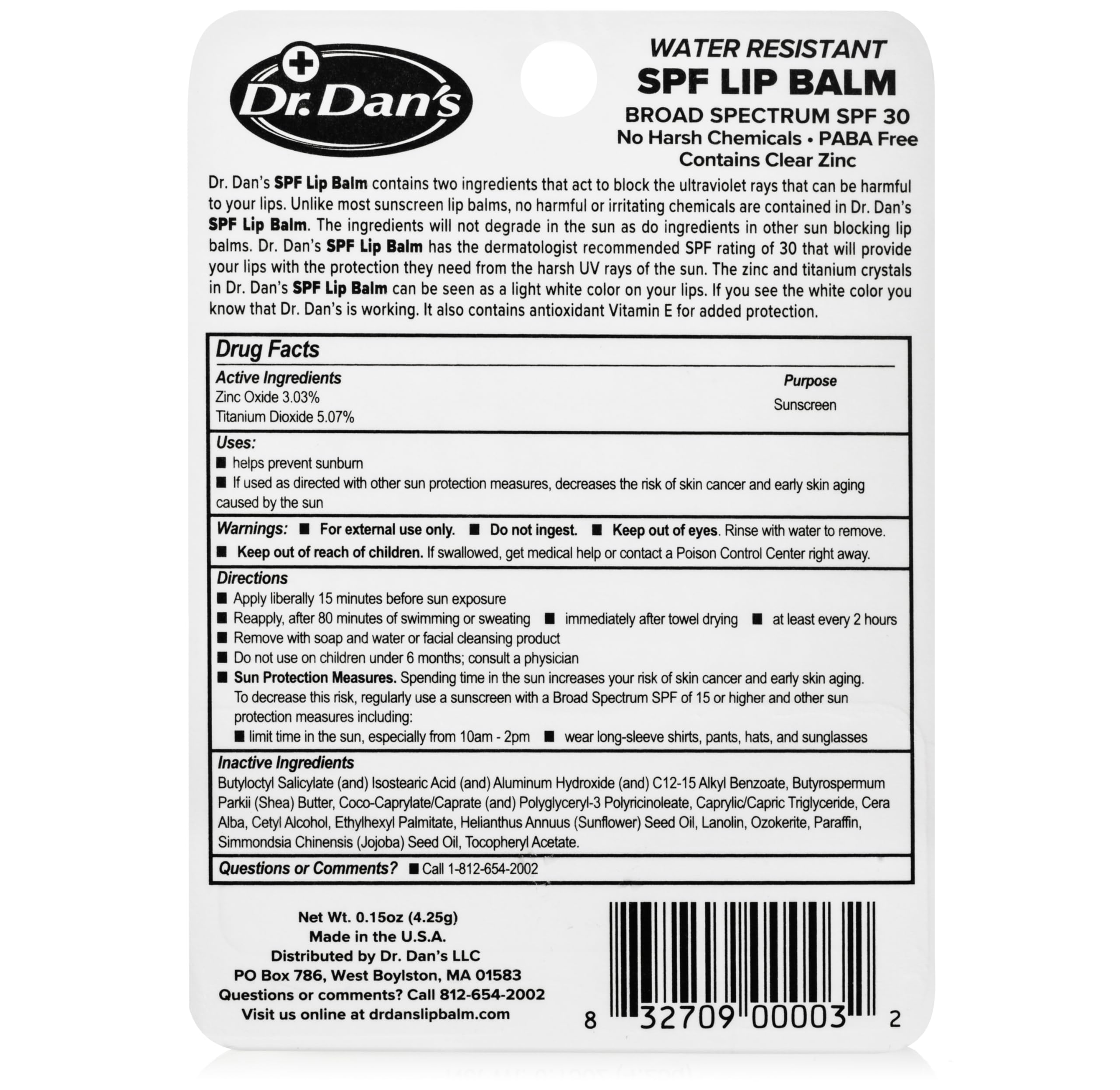 Dr. Dan's SPF 30 Lip Balm – Mineral Based, Hypoallergenic, 3 Pack