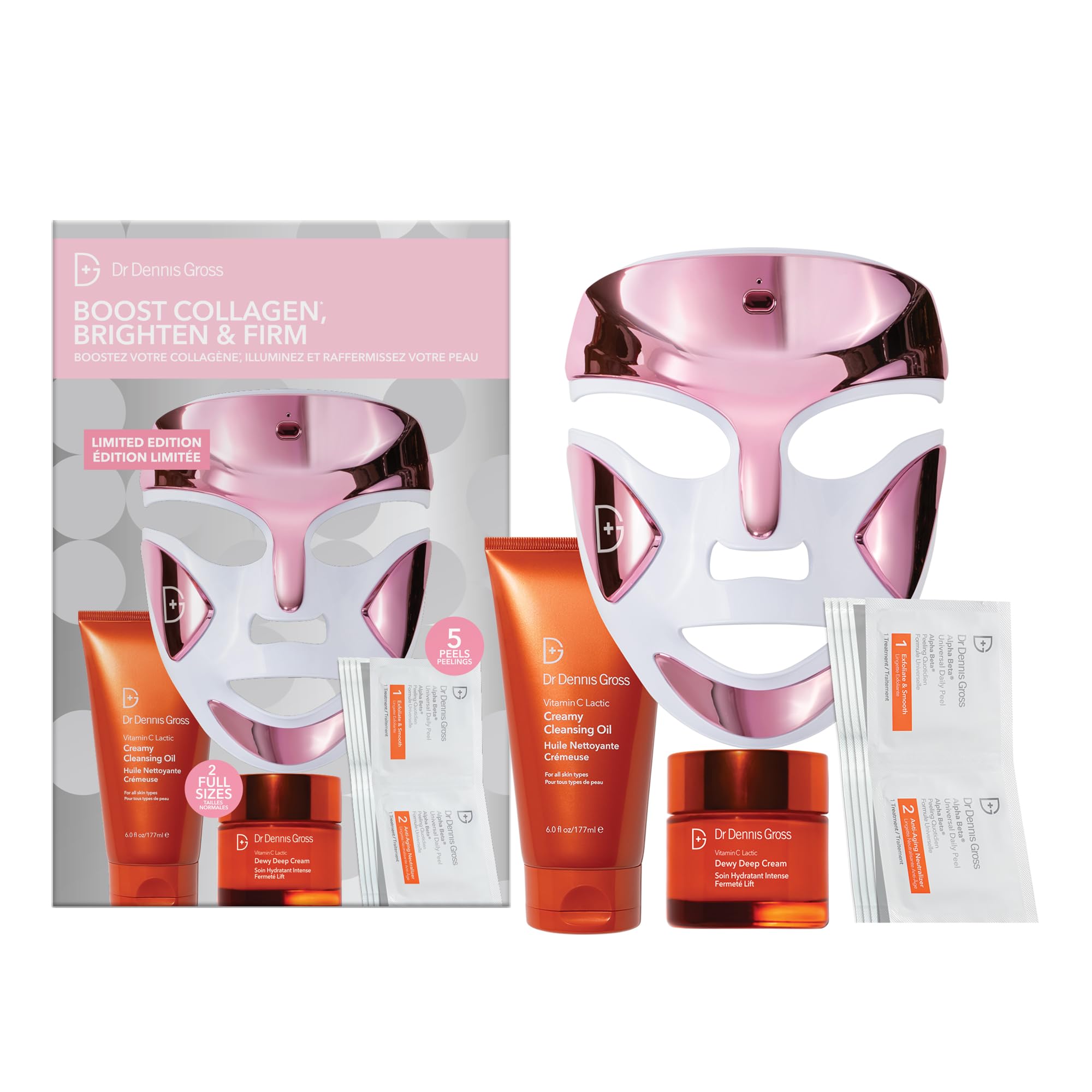 Dr Dennis Gross dpl FaceWare Pro Pink LED Mask Gift Set – Collagen, Brightening & Firming with Cleansing Oil, Dewy Deep Cream & 5 Universal Daily Peels | $592 Value
