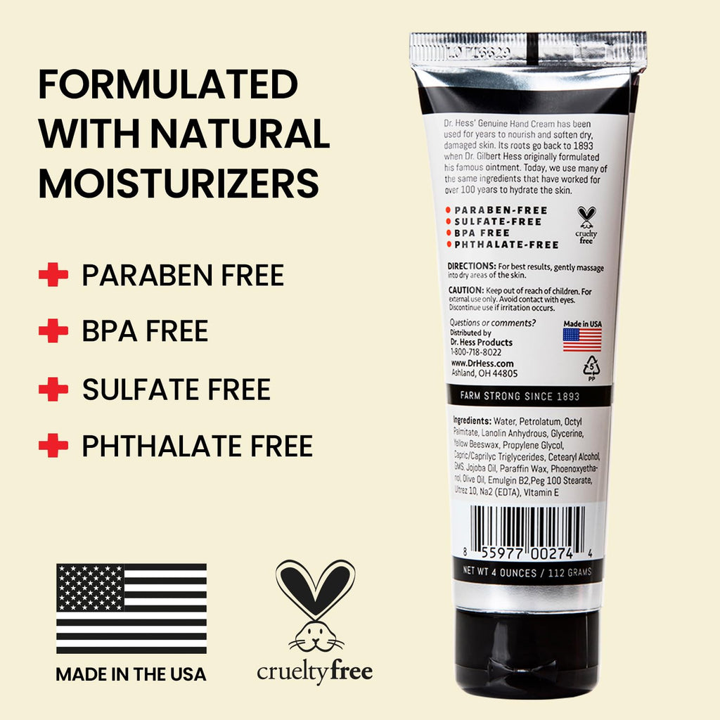 Dr. Hess Genuine Hand Cream – Nourishing Lotion for Dry Hands & Heels, Eczema Relief, 4 oz x 2 Pack