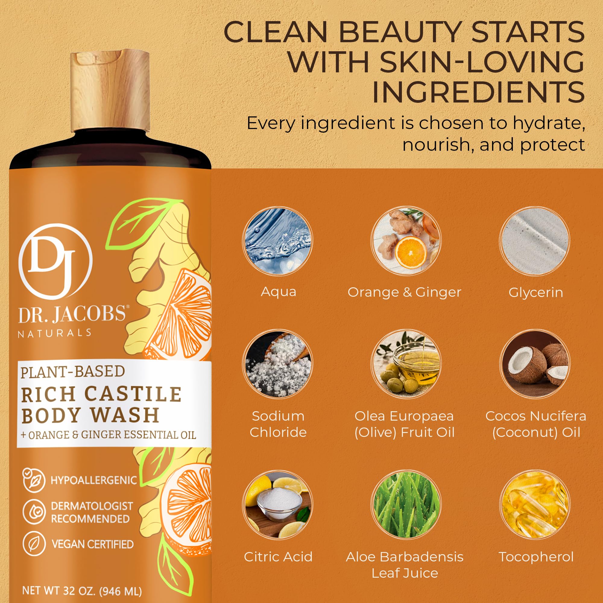 Dr. Jacobs Naturals Pure Castile Soap - Orange & Ginger Body Wash, Plant-Based, 32 oz (2-pack)