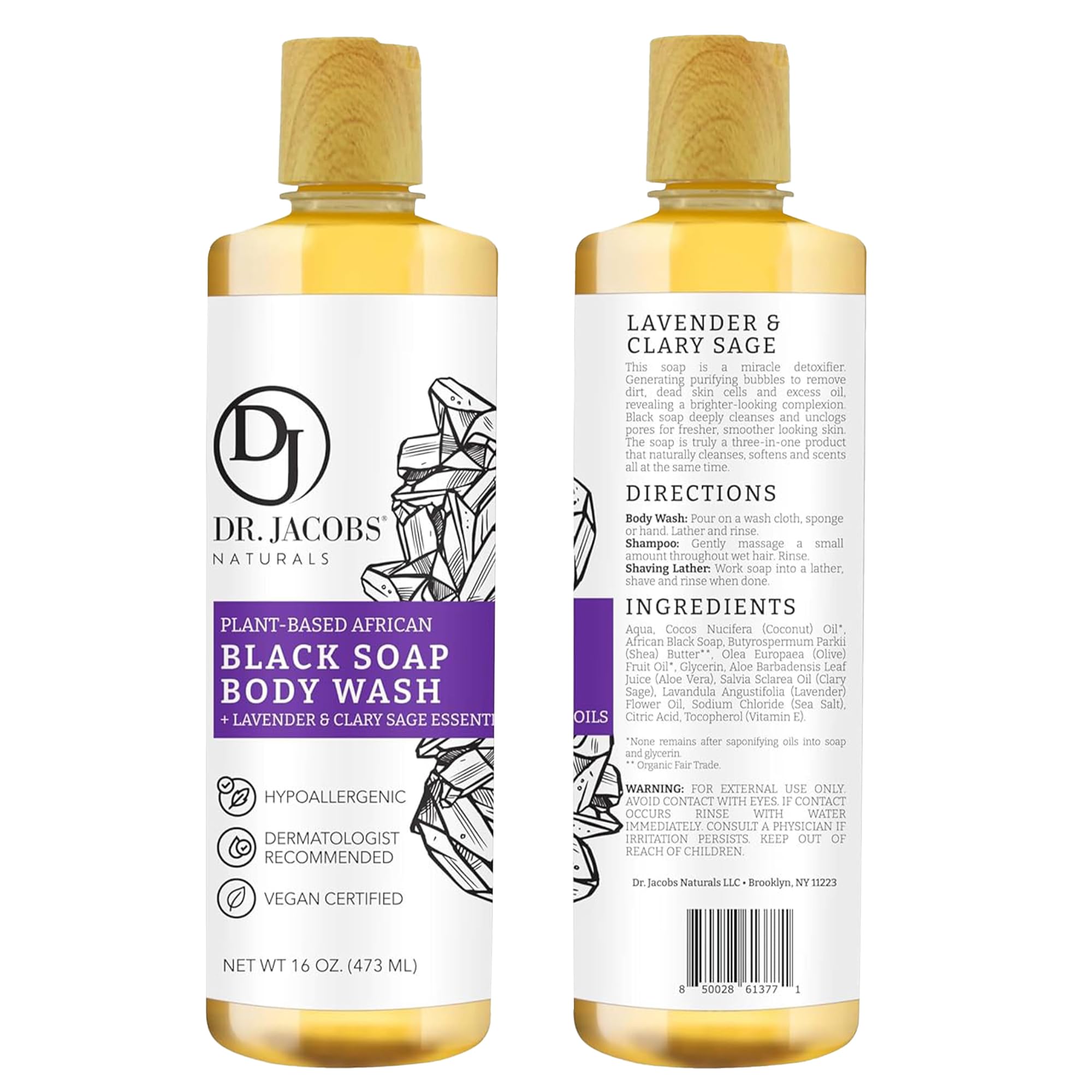 Dr Jacobs Naturals African Black Liquid Soap with Lavender & Sage – All-In-One Cleanser (2pk 16oz)