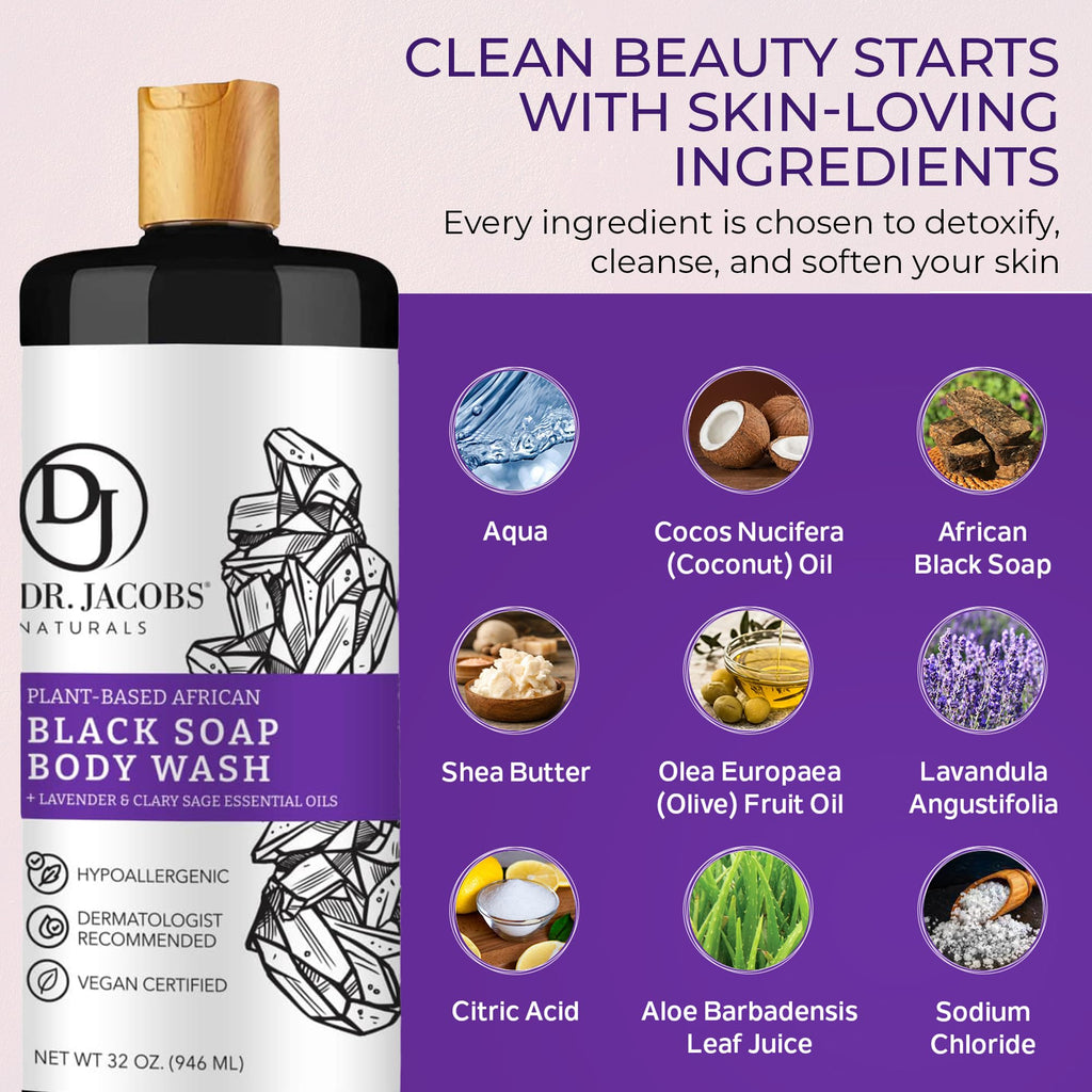 Dr Jacobs Naturals African Black Liquid Soap with Lavender & Sage – All-In-One Cleanser (2pk 16oz)