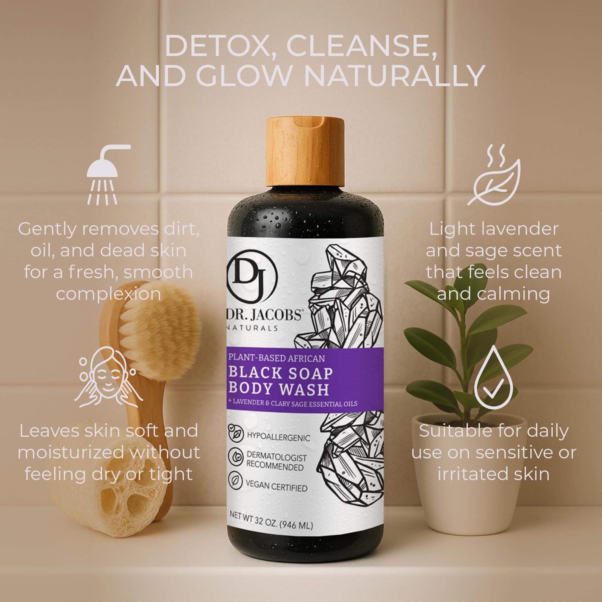 Dr Jacobs Naturals African Black Liquid Soap with Lavender & Sage – All-In-One Cleanser (2pk 16oz)