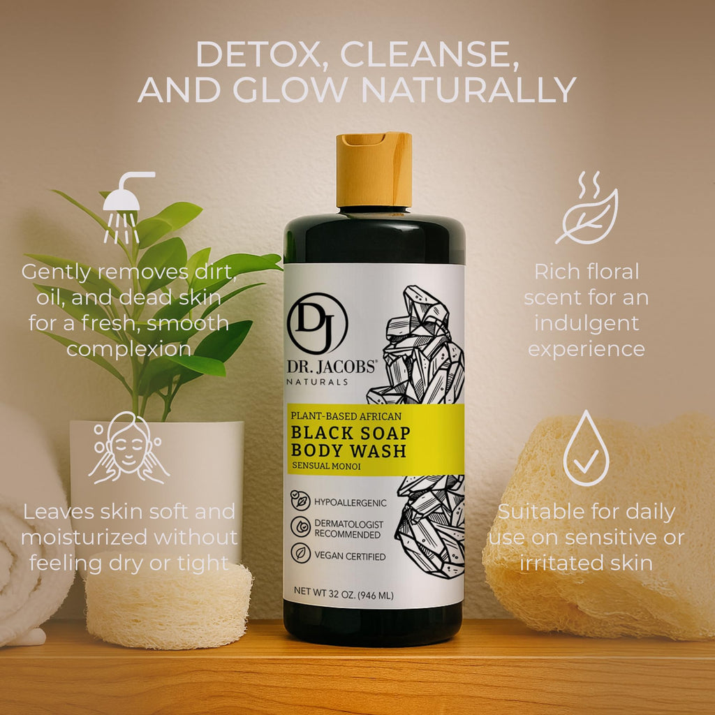Dr Jacobs Naturals African Black Liquid Soap with Monoi Scent – All-In-One Wash (32oz 2pk)