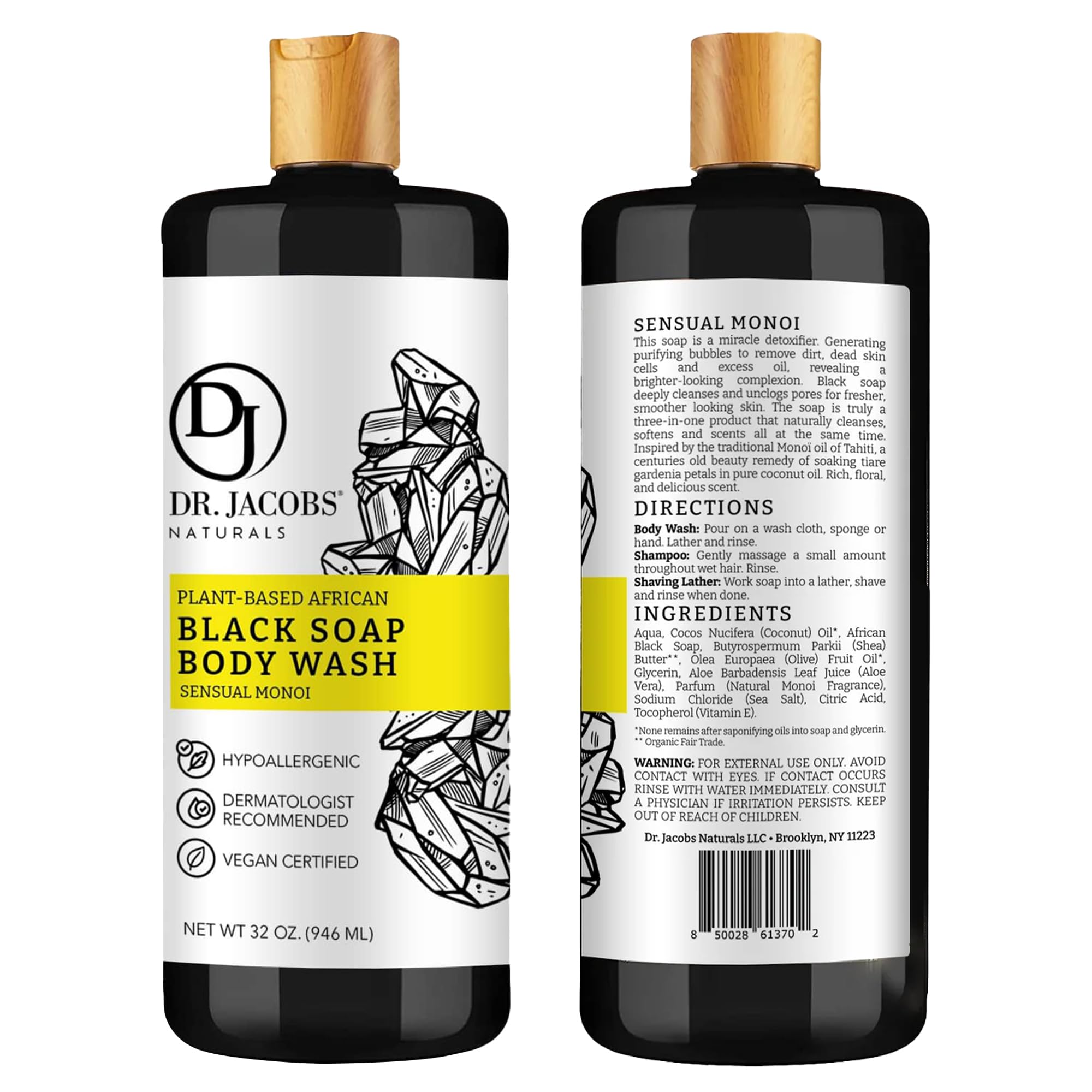 Dr Jacobs Naturals African Black Liquid Soap with Monoi Scent – All-In-One Wash (32oz 2pk)