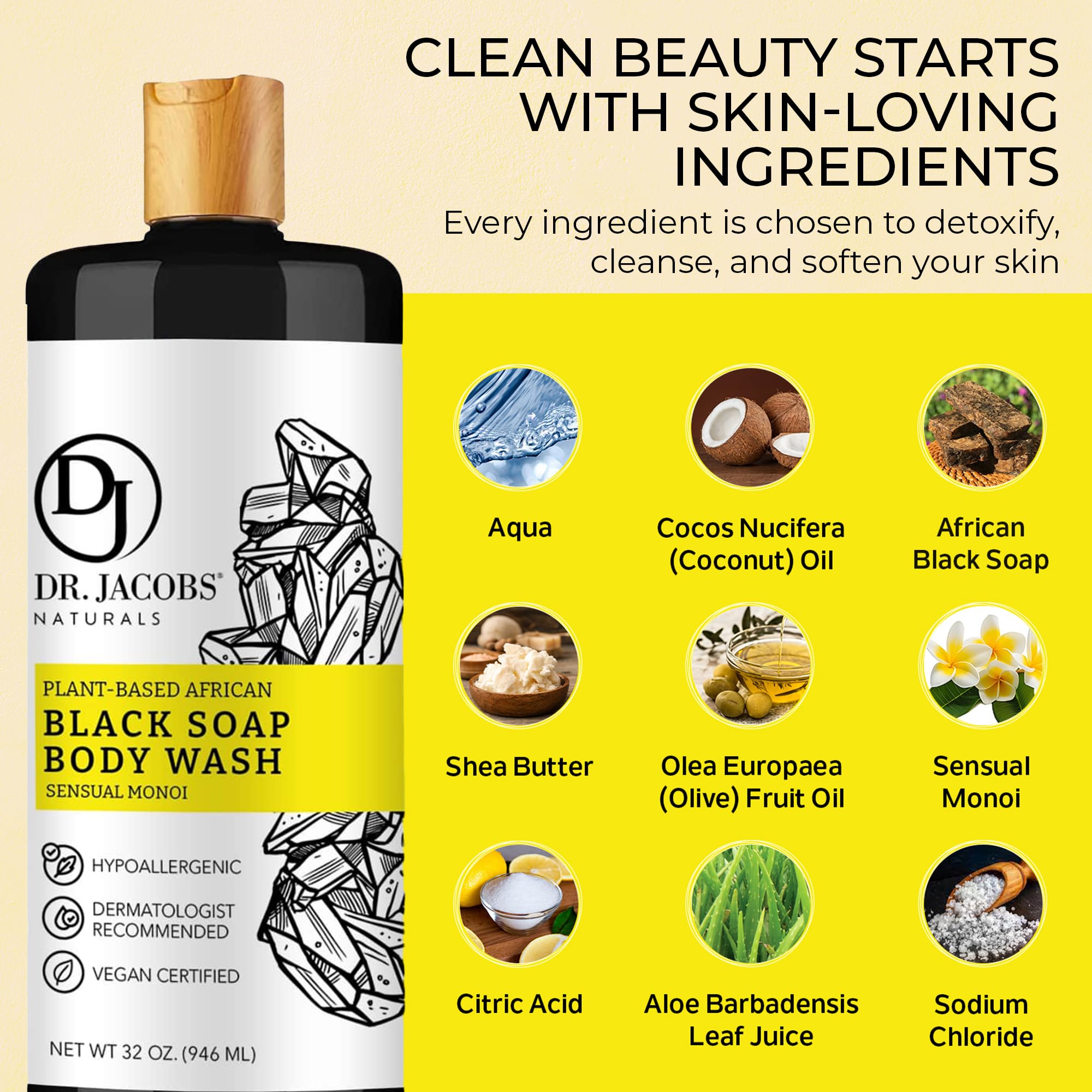 DR.JACOBS NATURALS African Black Soap with Monoi Scent – All-In-One 32oz
