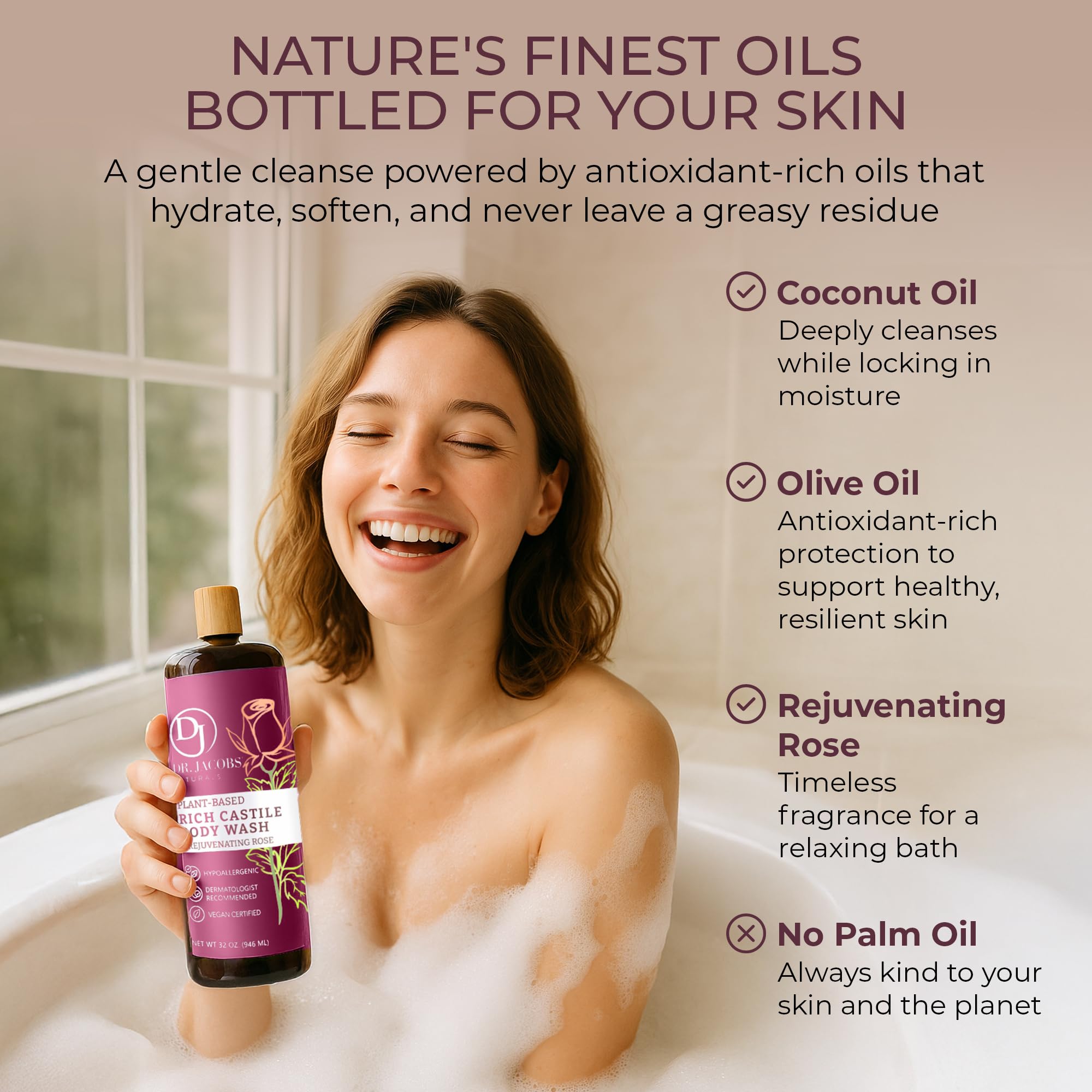 DR.JACOBS NATURALS Pure Castile Soap Rose – Plant-Based Body Wash (32 oz, Pack of 3)