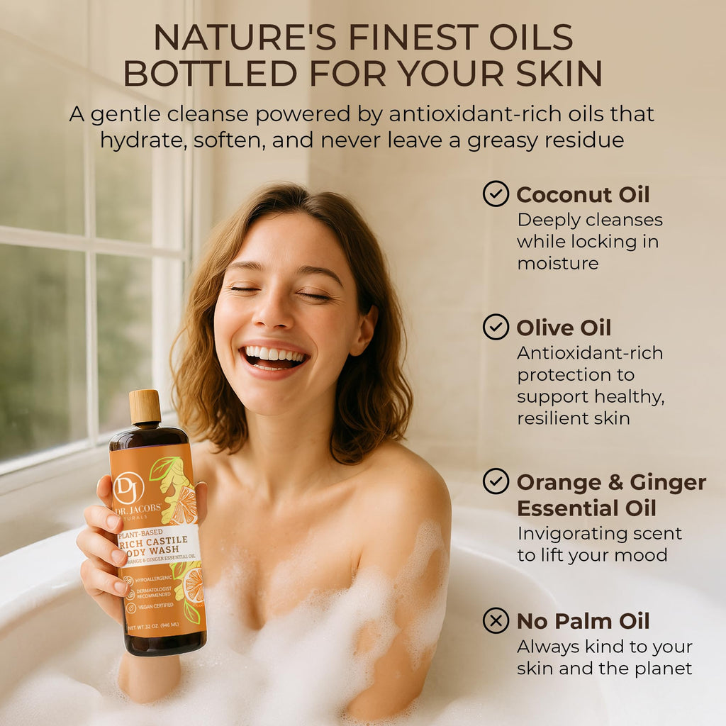 Dr. Jacobs Naturals Pure Castile Soap - Orange & Ginger Body Wash, Plant-Based, 32 oz (2-pack)