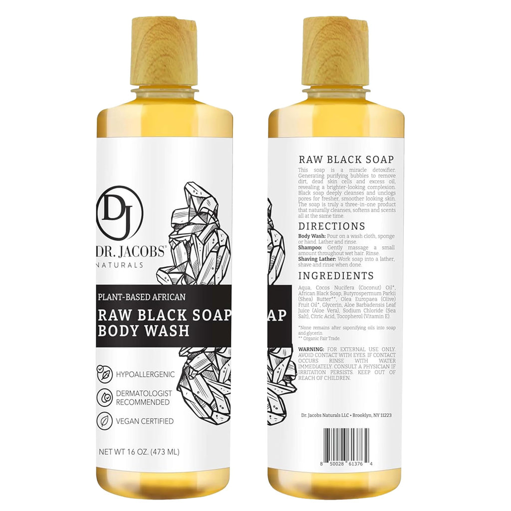 DR.JACOBS NATURALS Authentic African Black Soap – All-In-One Cleanser for Face, Body, Hair & Shave | Shea Butter & Aloe | 16oz 2pk