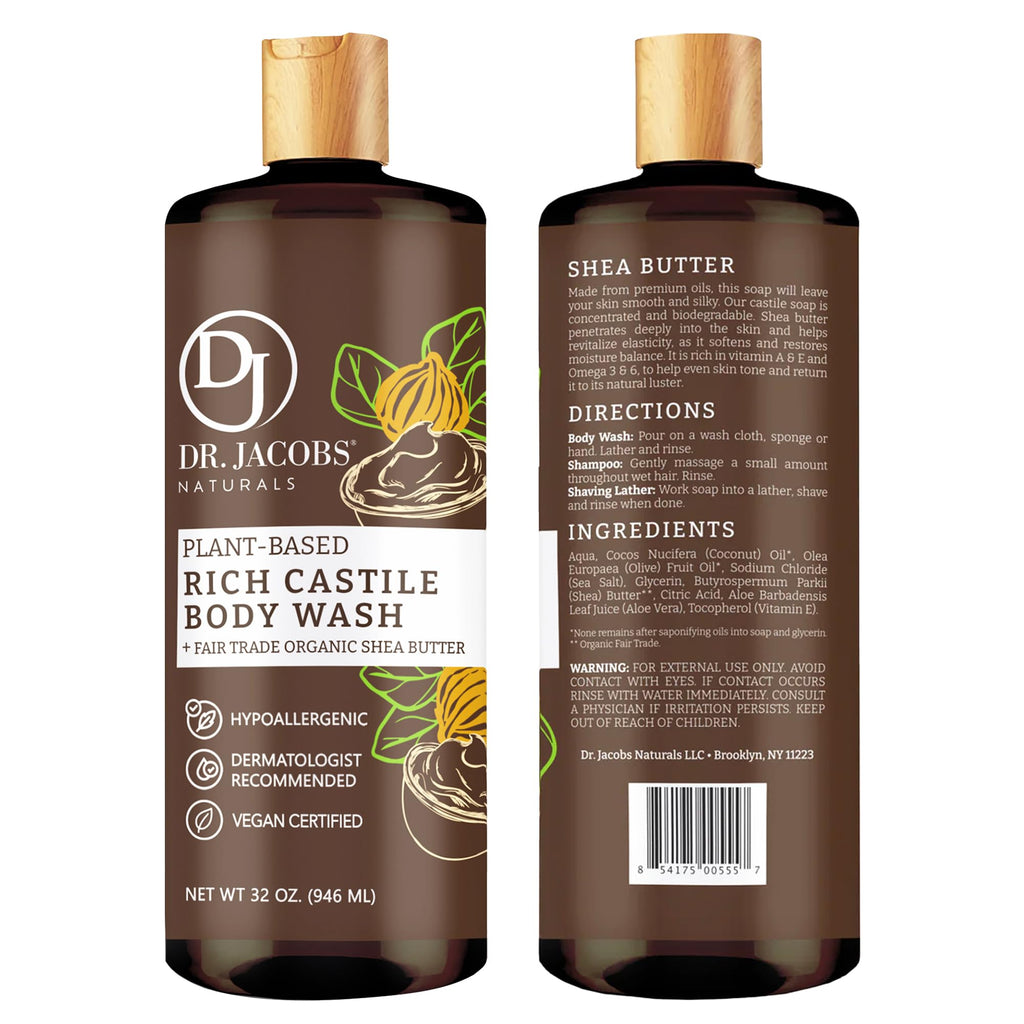 DR. JACOBS NATURALS Castile Shea Butter Body Wash | Gentle Hydration for Dry, Sensitive Skin – 32 oz
