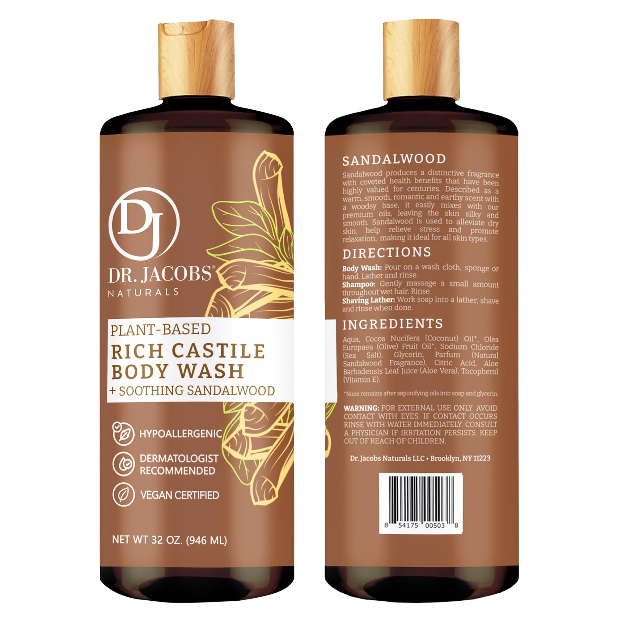 DR.JACOBS NATURALS Castile Sandalwood Body Wash – Plant-Based Hydration for Dry & Sensitive Skin | 32 oz Pump