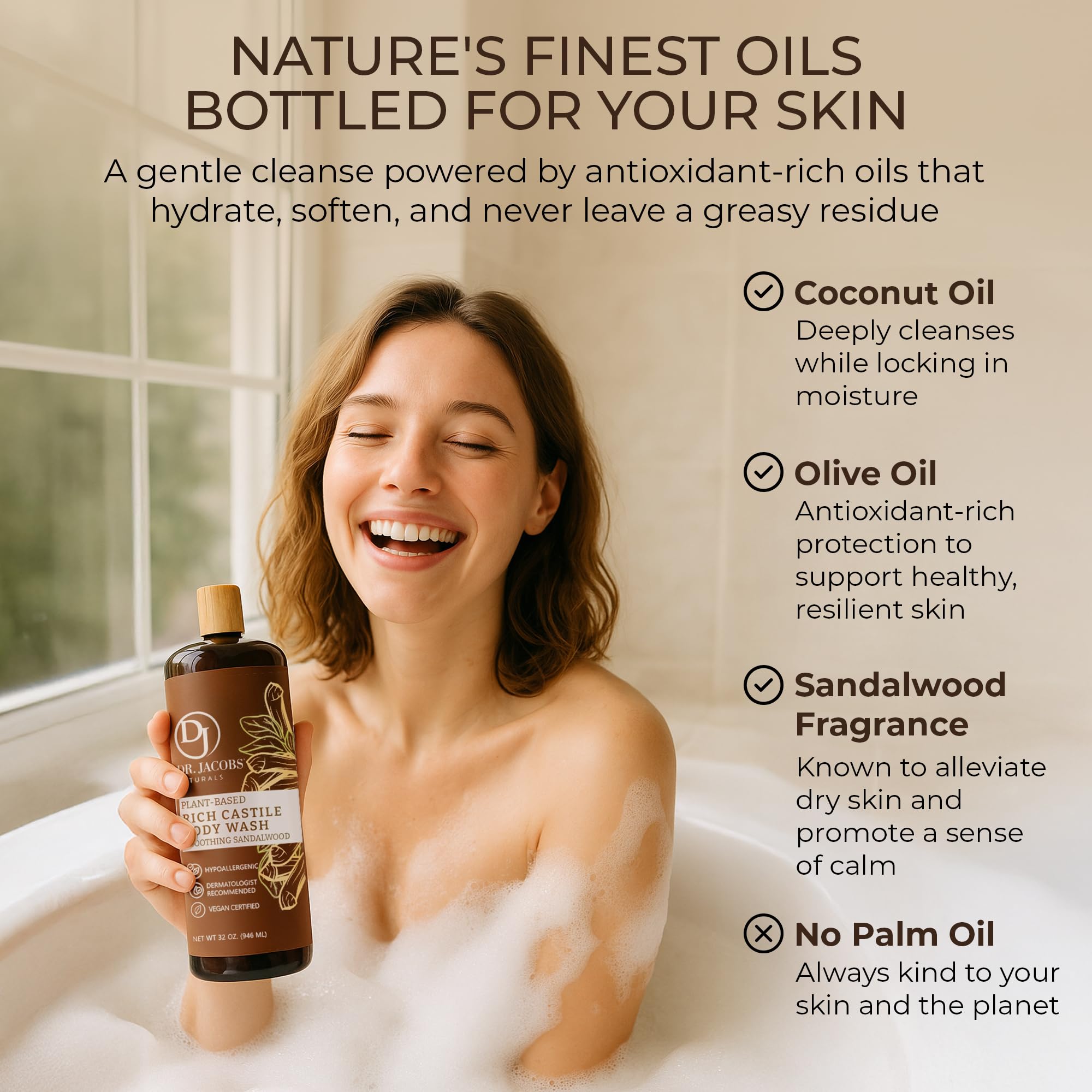 DR.JACOBS NATURALS Castile Sandalwood Body Wash – Plant-Based Hydration for Dry & Sensitive Skin | 32 oz Pump