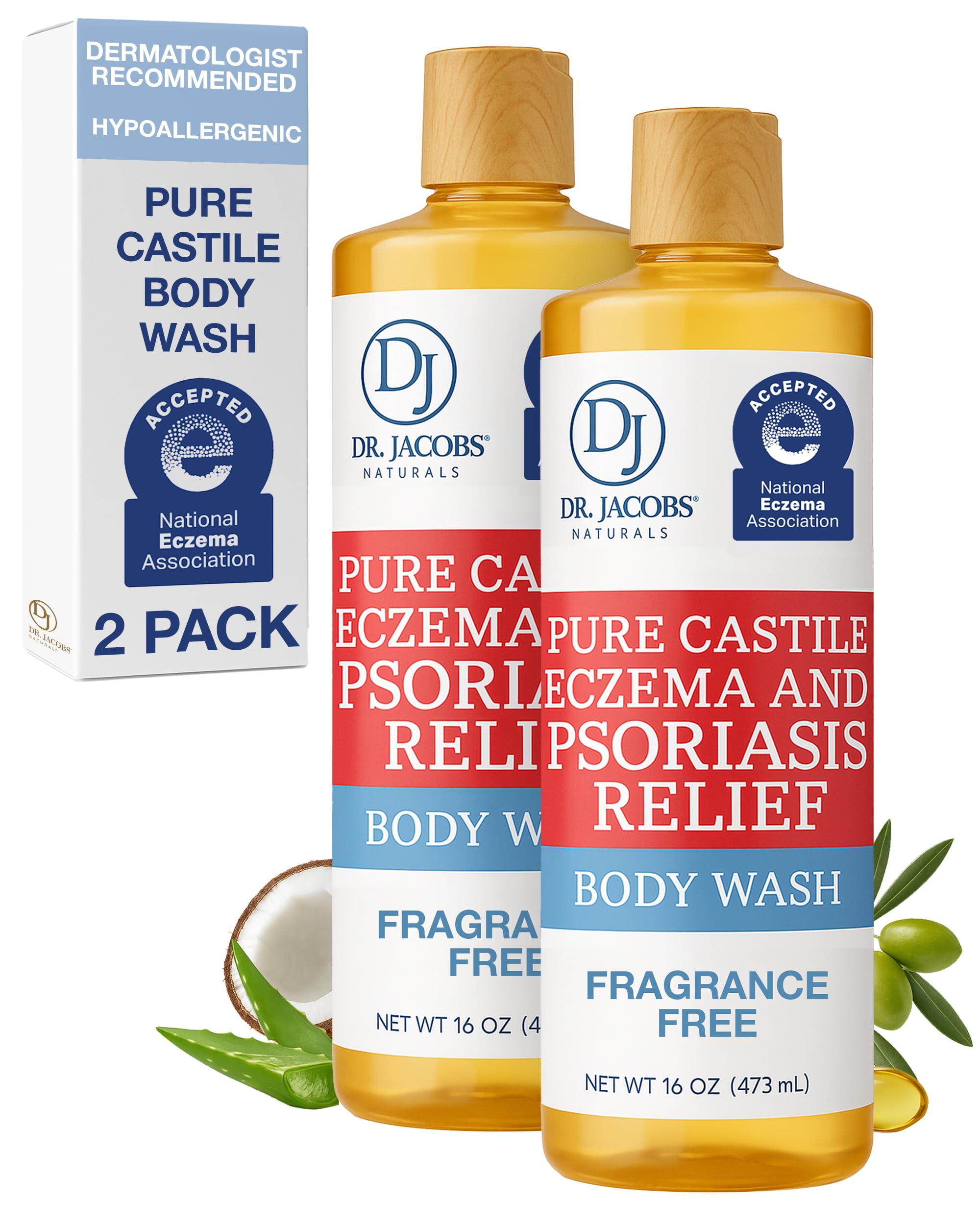 Dr. Jacobs Naturals Hypoallergenic Castile Soap – Fragrance-Free, Sensitive Skin Body Wash (16oz, 2PK)