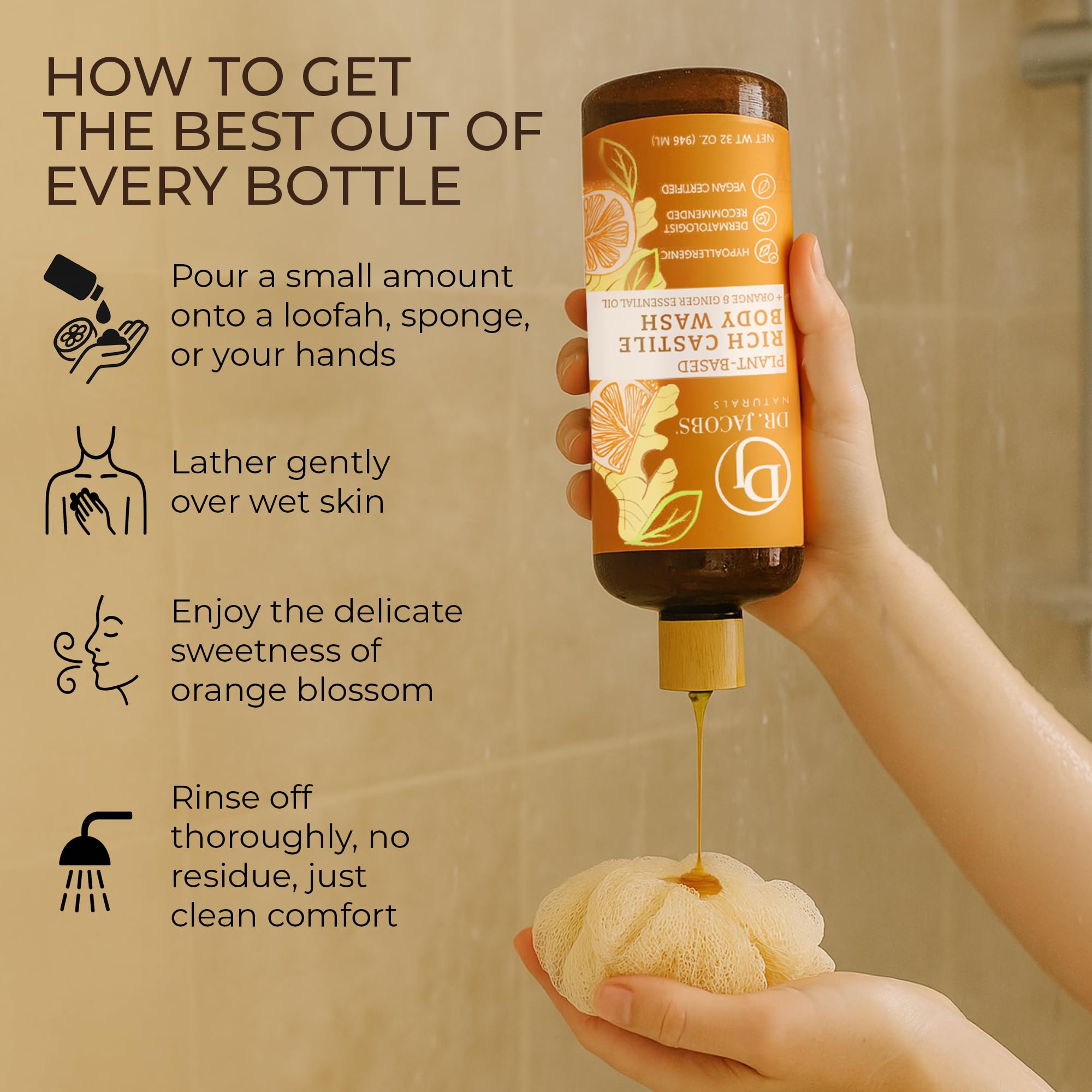 Dr. Jacobs Naturals Pure Castile Soap - Orange & Ginger Body Wash, Plant-Based, 32 oz (2-pack)