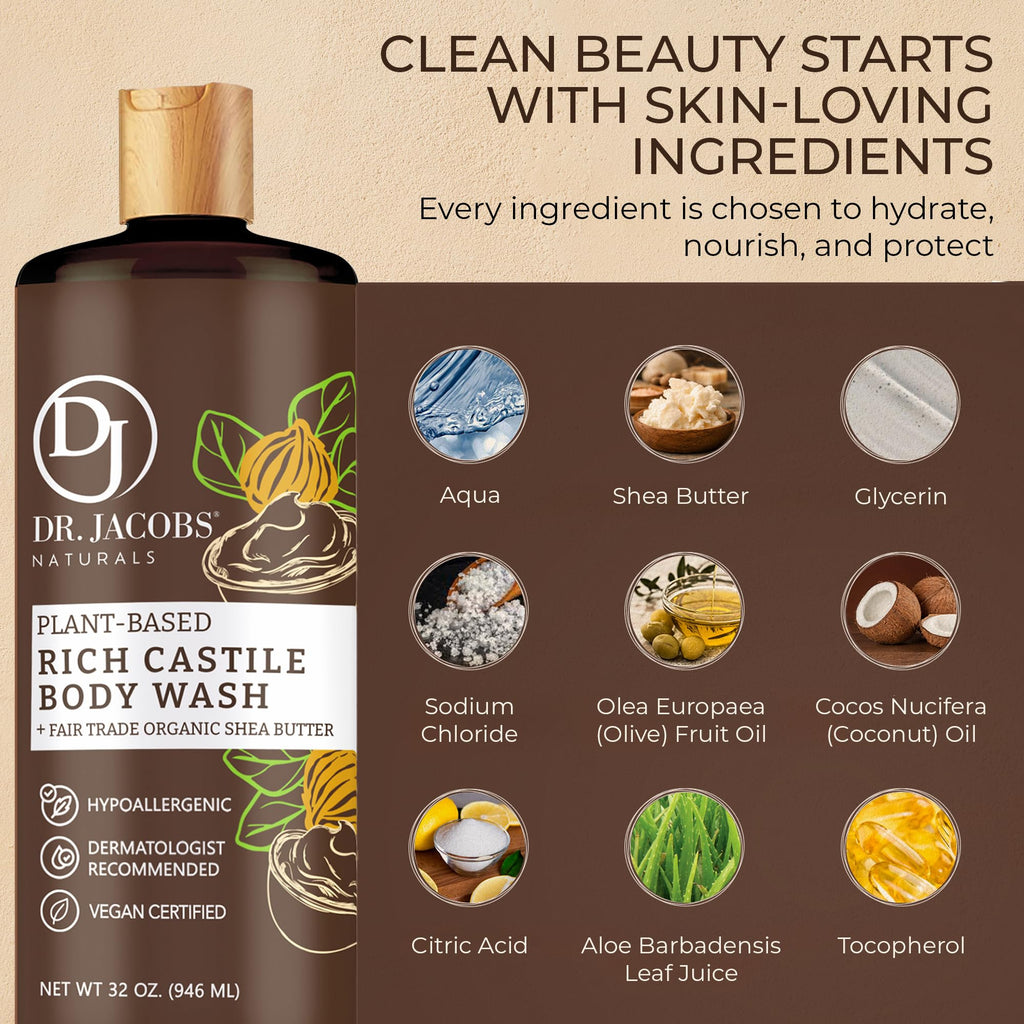 DR. JACOBS NATURALS Castile Shea Butter Body Wash | Gentle Hydration for Dry, Sensitive Skin – 32 oz