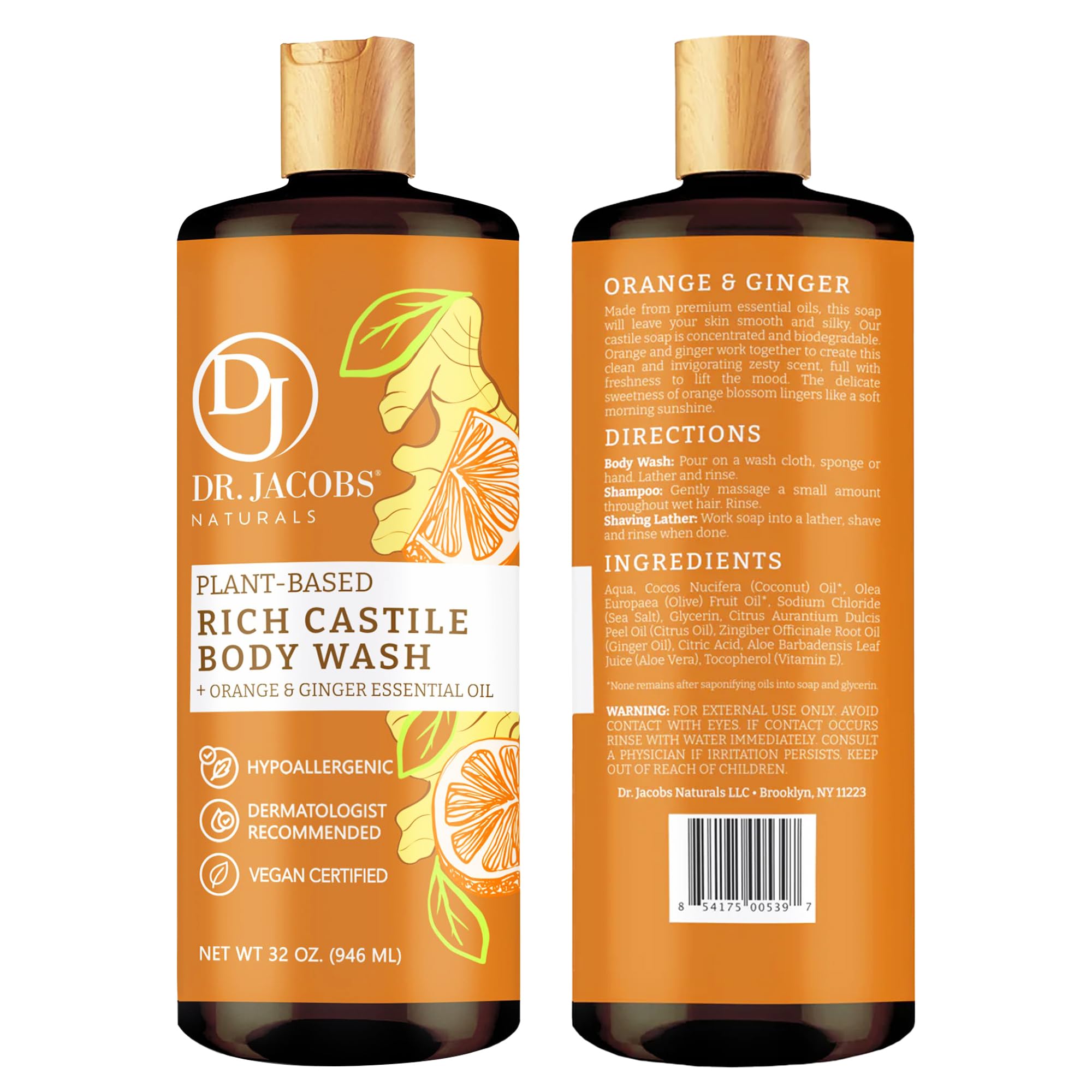 Dr. Jacobs Naturals Pure Castile Soap - Orange & Ginger Body Wash, Plant-Based, 32 oz (2-pack)