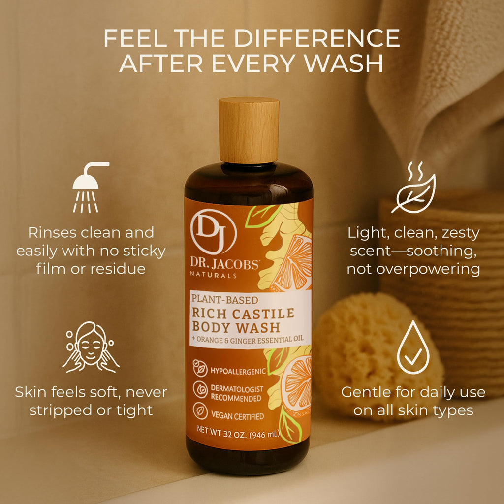 Dr. Jacobs Naturals Pure Castile Soap - Orange & Ginger Body Wash, Plant-Based, 32 oz (2-pack)