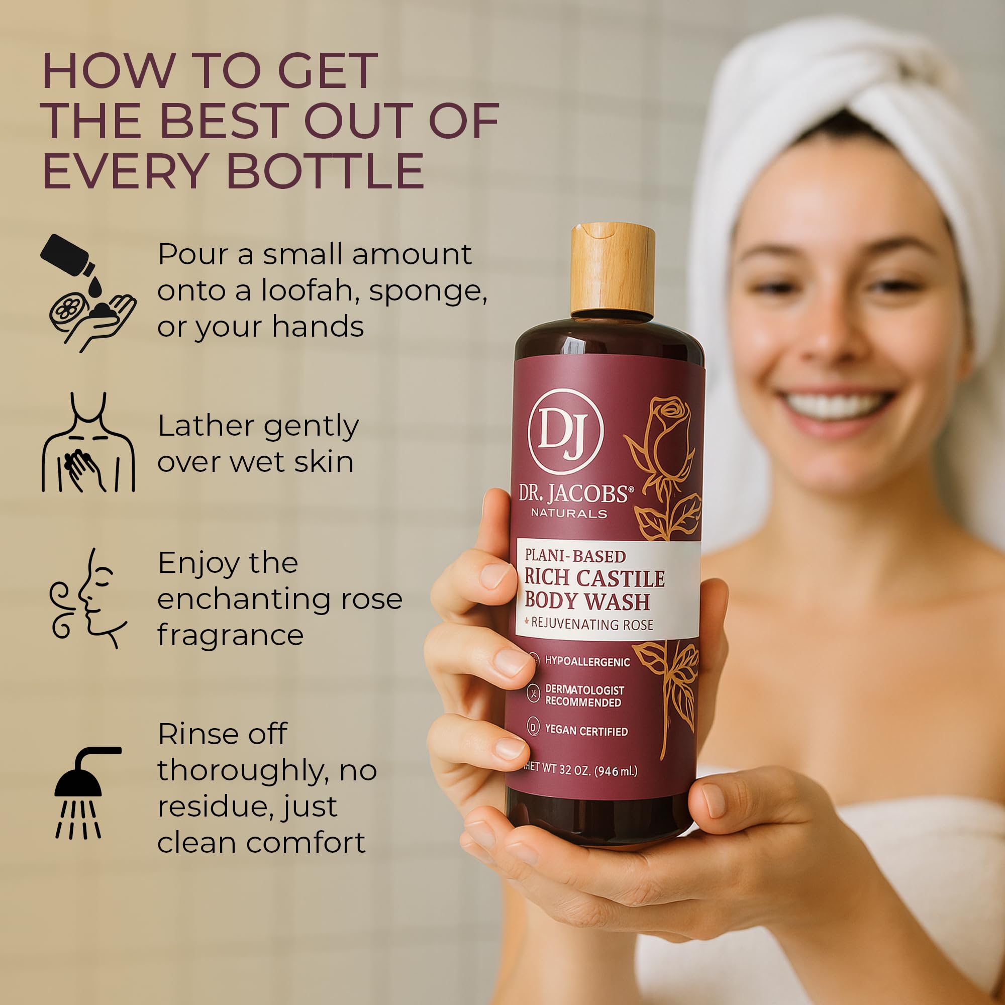 DR.JACOBS NATURALS Pure Castile Soap Rose – Plant-Based Body Wash (32 oz, Pack of 3)