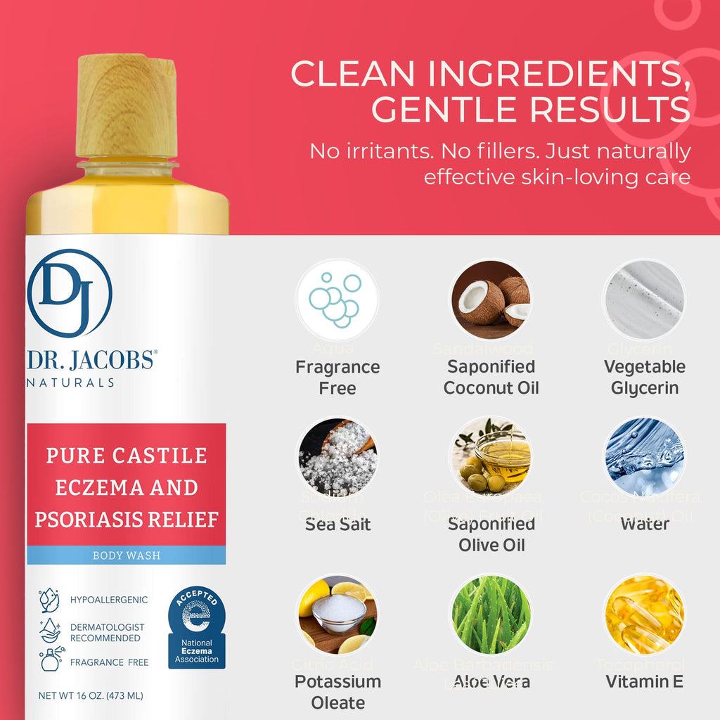 Dr. Jacobs Naturals Hypoallergenic Castile Soap – Fragrance-Free, Sensitive Skin Body Wash (16oz, 2PK)