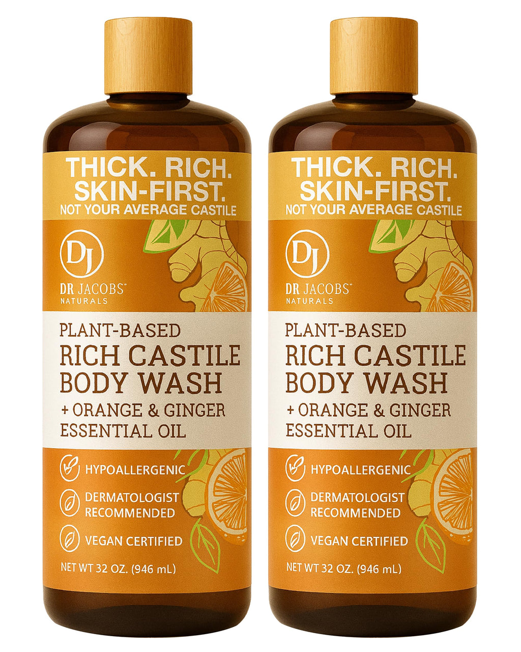 Dr. Jacobs Naturals Pure Castile Soap - Orange & Ginger Body Wash, Plant-Based, 32 oz (2-pack)