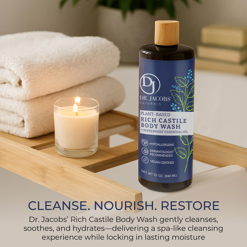 Dr. Jacobs Naturals Peppermint Castile Body Wash – All-Natural Moisturizing, Pump 32oz