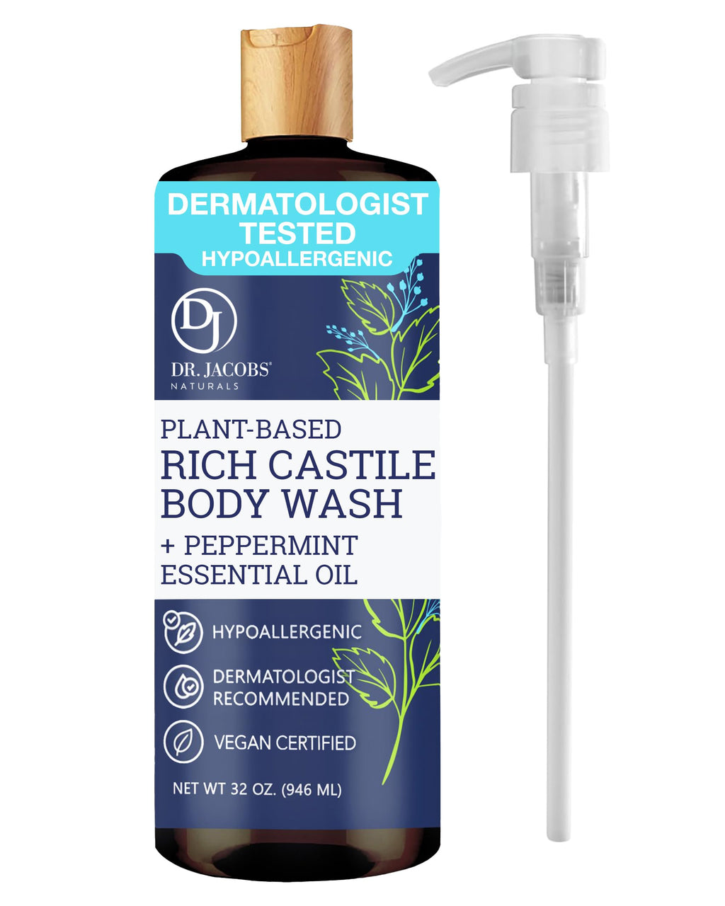 Dr. Jacobs Naturals Peppermint Castile Body Wash – All-Natural Moisturizing, Pump 32oz