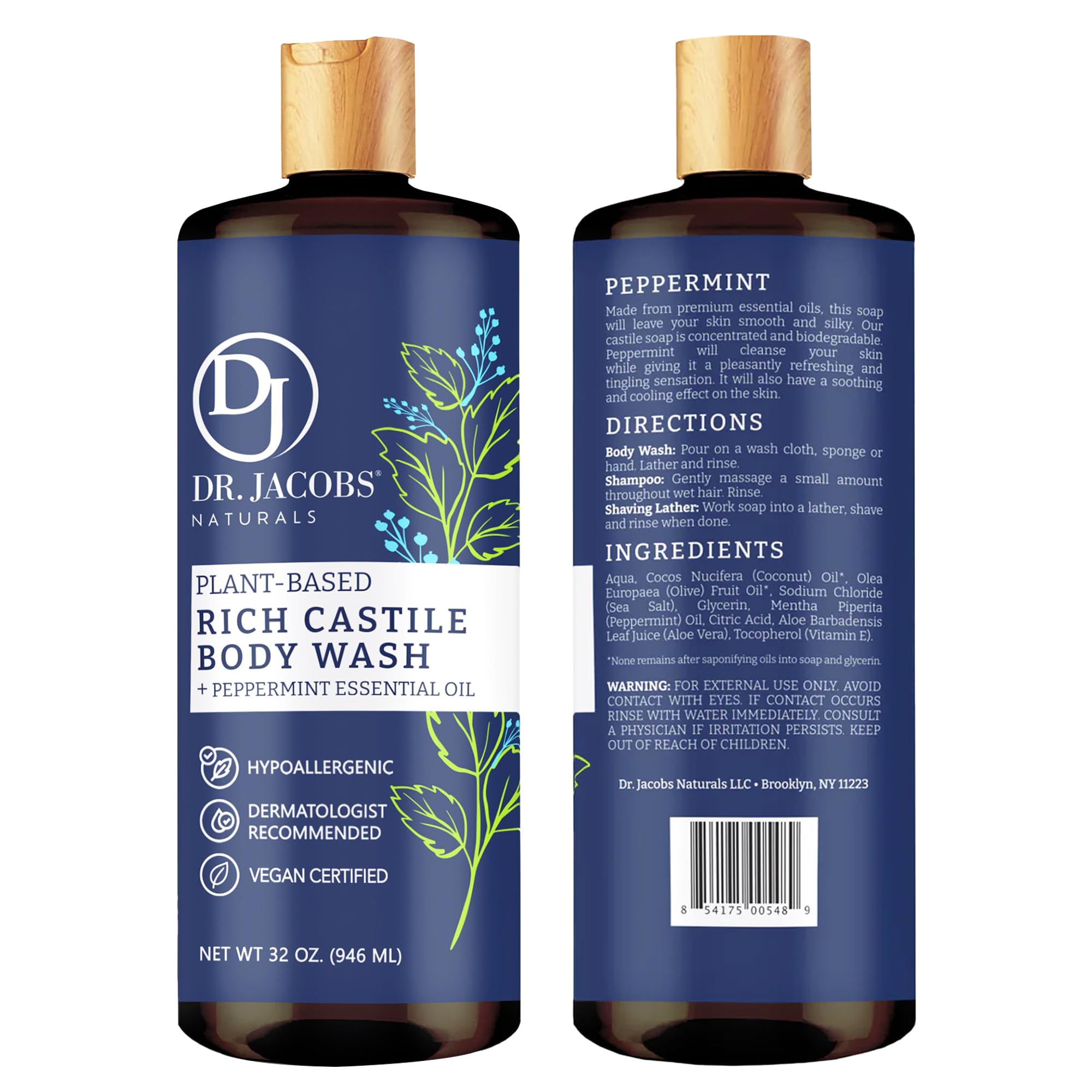 Dr. Jacobs Naturals Peppermint Castile Body Wash – All-Natural Moisturizing, Pump 32oz