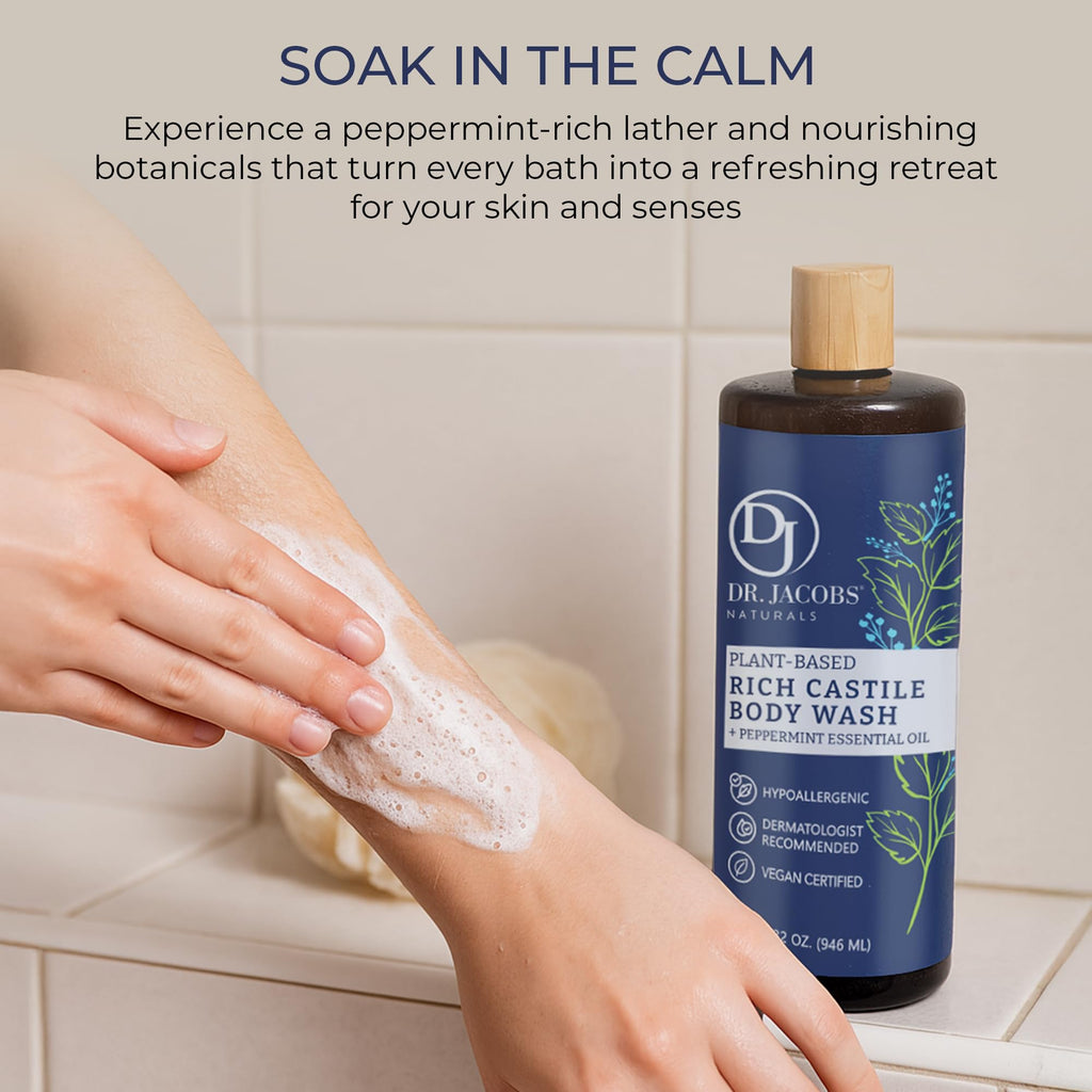 Dr. Jacobs Naturals Peppermint Castile Body Wash – All-Natural Moisturizing, Pump 32oz