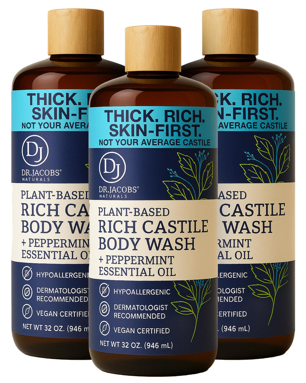 Dr. Jacobs Naturals Peppermint Castile Soap Liquid Body Wash – Plant-Based, Aloe Vera & Vitamin E, 32 oz x3 – Made in USA
