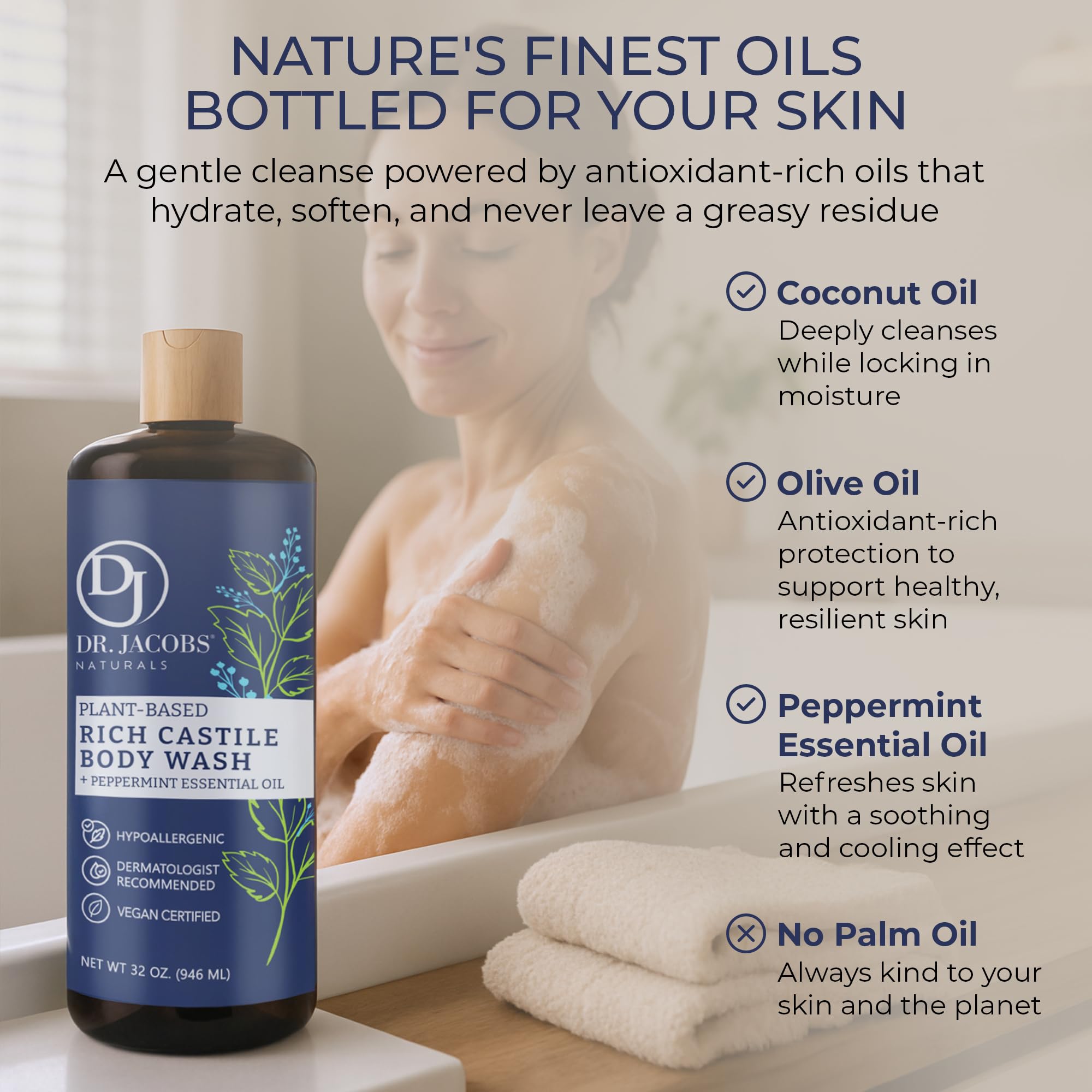 Dr. Jacobs Naturals Peppermint Castile Soap Liquid Body Wash – Plant-Based, Aloe Vera & Vitamin E, 32 oz x3 – Made in USA