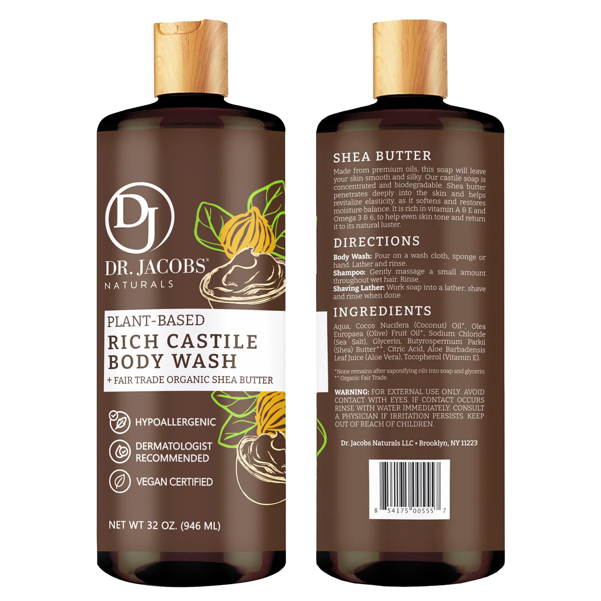 Dr. Jacobs Naturals Pure Castile Soap Body Wash – Shea Butter, Aloe Vera & Vitamin E – 32 oz (Pack of 3) – Made in USA