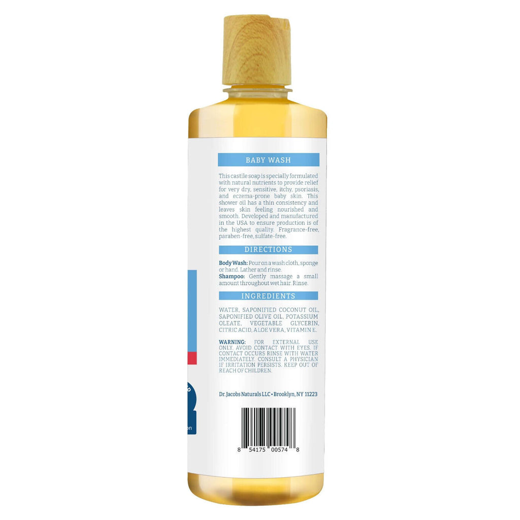 DR.JACOBS NATURALS Pure Castile Baby Wash – Gentle, Fragrance-Free for Sensitive Skin (16 oz)