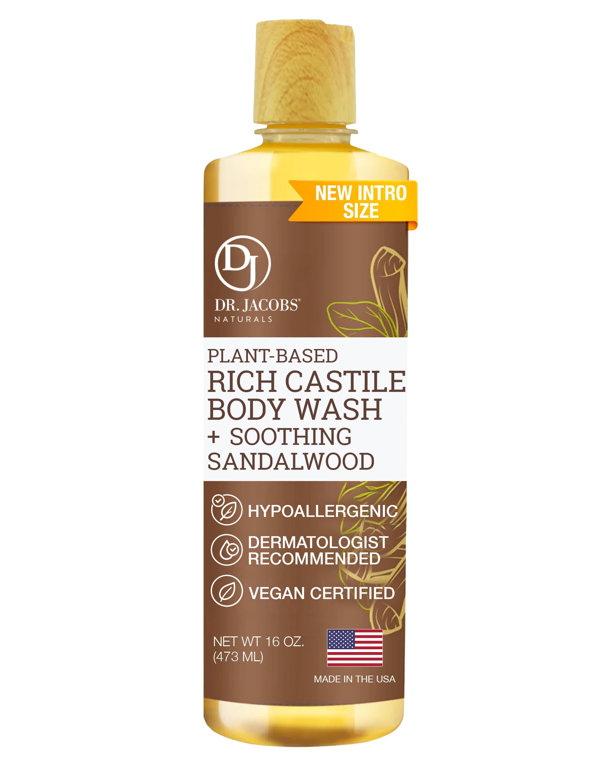 Dr. Jacobs Naturals Pure Castile Soap Liquid Body Wash Sandalwood – Plant-Based with Aloe Vera & Vitamin E, 16 oz