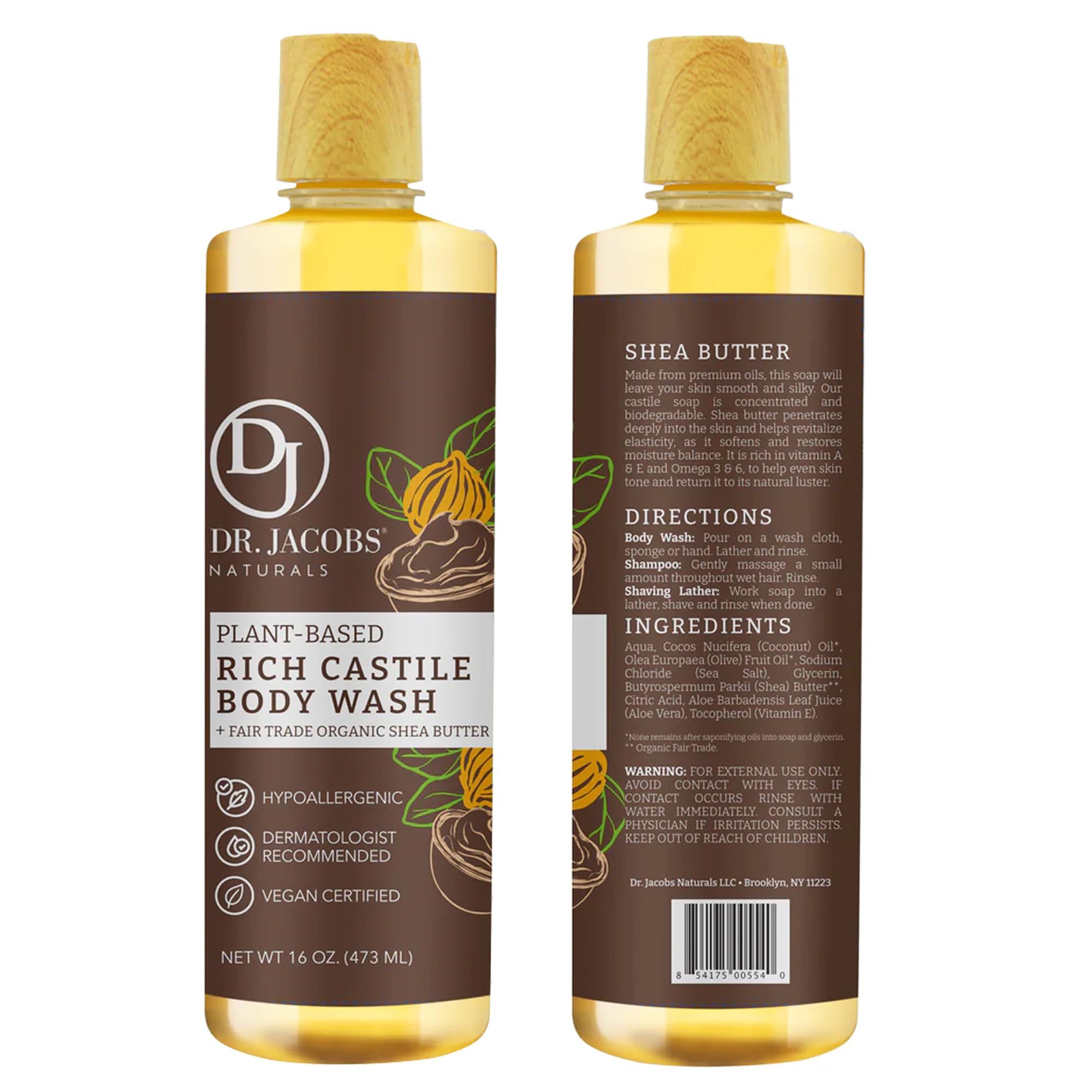 Dr. Jacobs Naturals Pure Castile Soap Liquid Body Wash Sandalwood – Plant-Based with Aloe Vera & Vitamin E, 16 oz