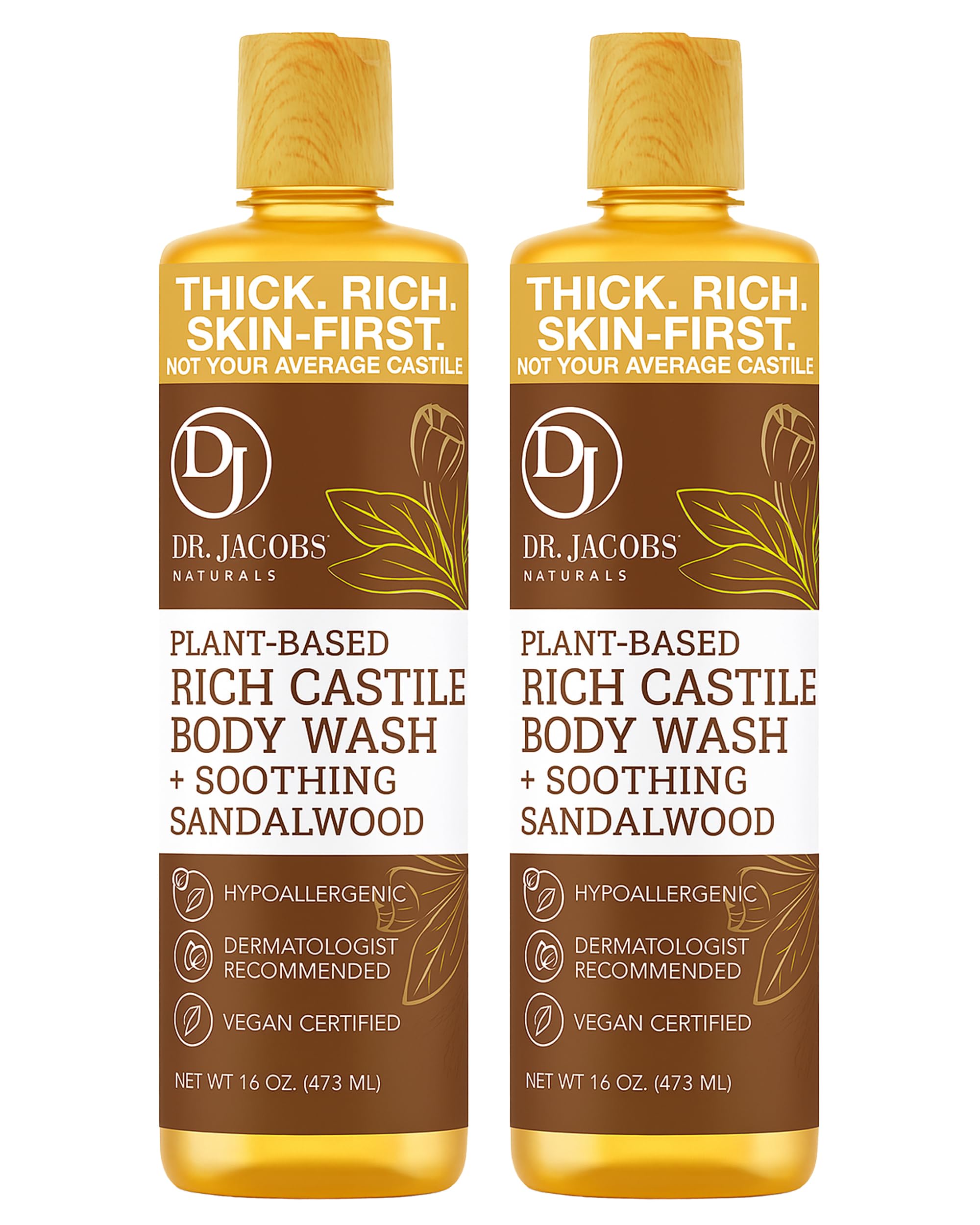 DR.JACOBS NATURALS Pure Castile Soap Liquid Body Wash – Sandalwood, Aloe Vera & Vitamin E, 2x16 oz, Made in USA