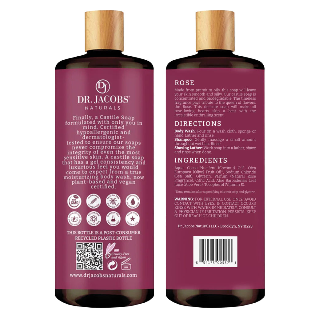 DR.JACOBS NATURALS Pure Castile Soap Rose – Plant-Based Body Wash (32 oz, Pack of 3)
