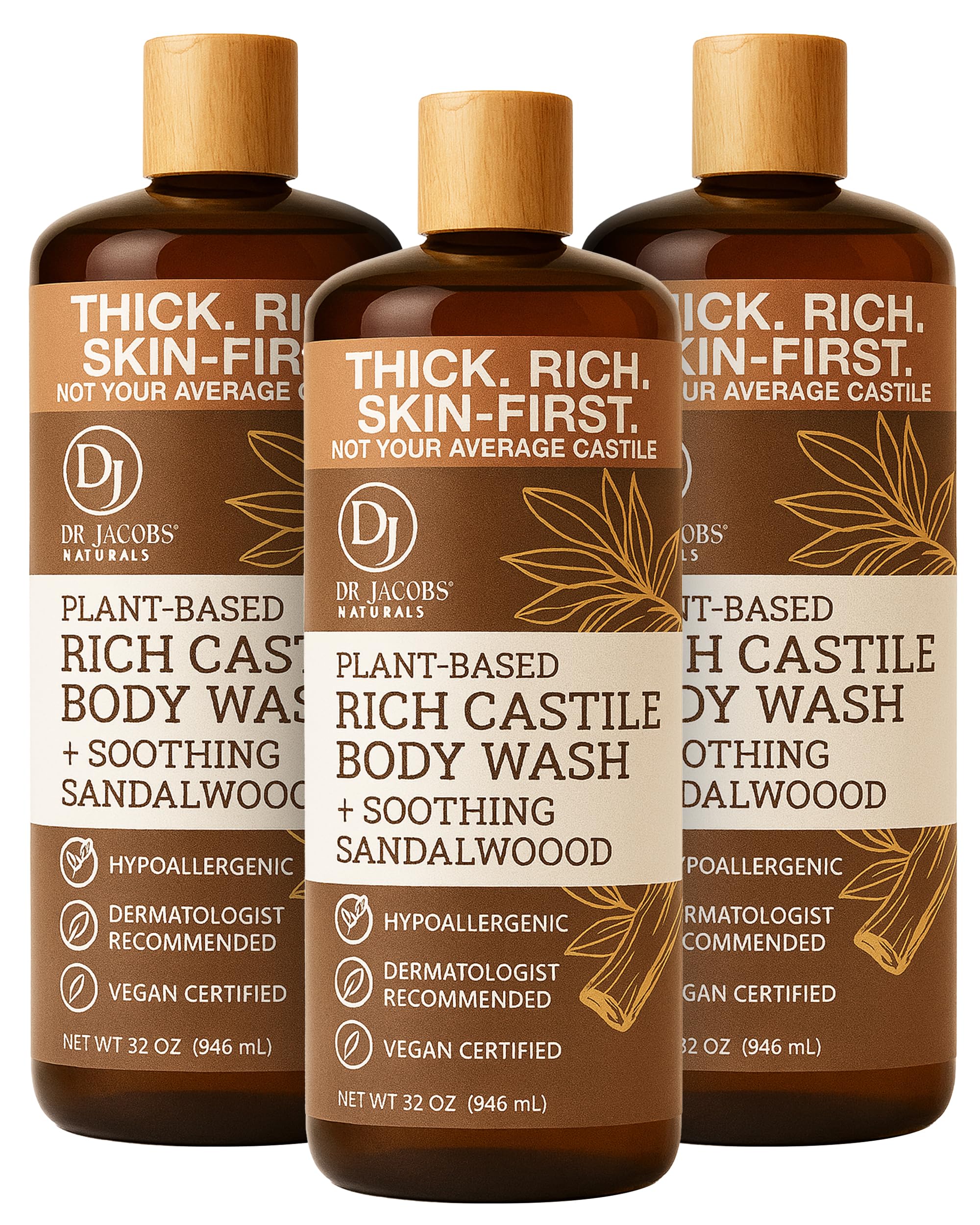 DR.JACOBS NATURALS Pure Castile Soap Liquid Body Wash – Sandalwood, 32 oz (Pack of 3) – Plant-Based with Aloe Vera & Vitamin E