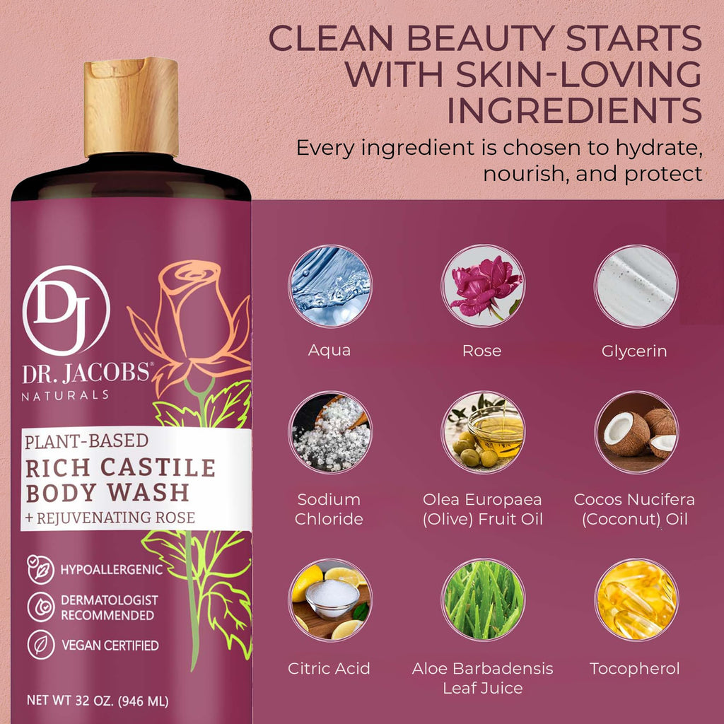 DR.JACOBS NATURALS Pure Castile Soap Rose – Plant-Based Body Wash (32 oz, Pack of 3)