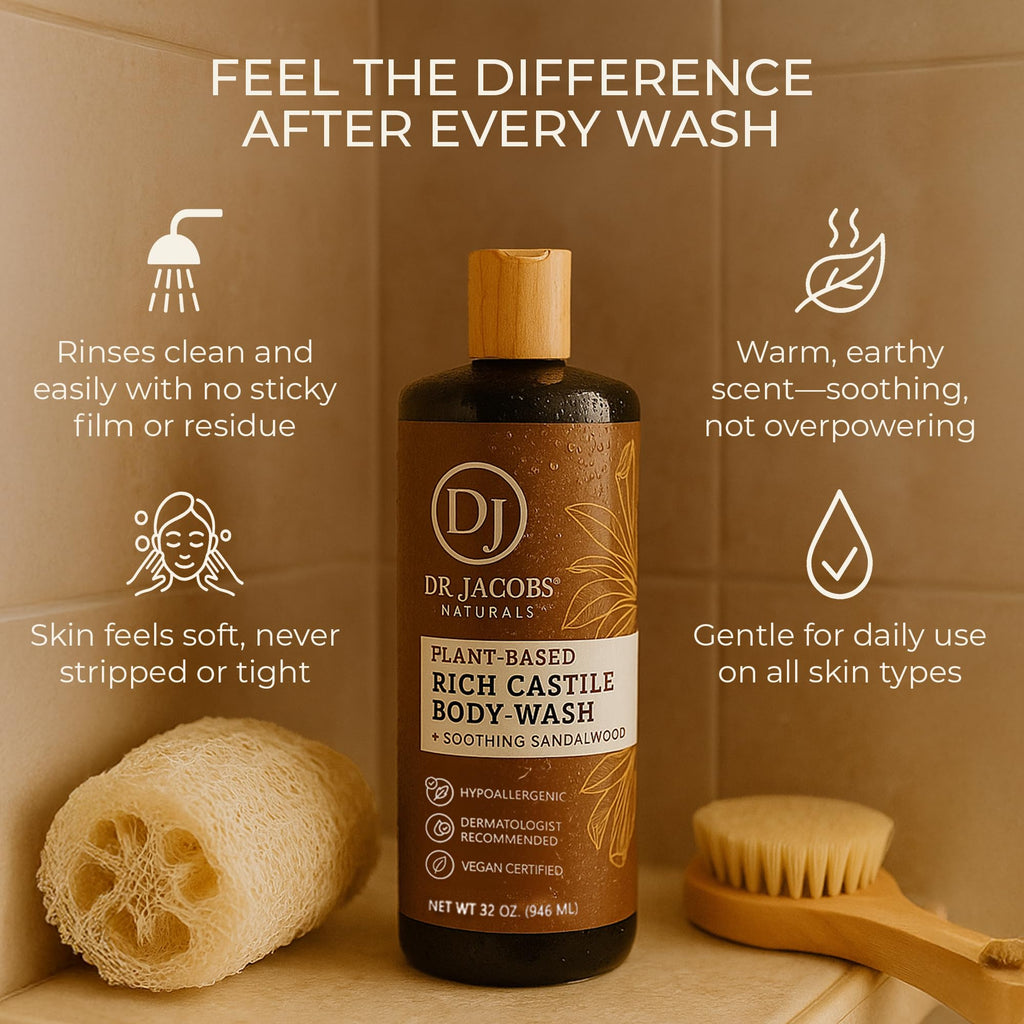 DR.JACOBS NATURALS Castile Sandalwood Body Wash – Plant-Based Hydration for Dry & Sensitive Skin | 32 oz Pump