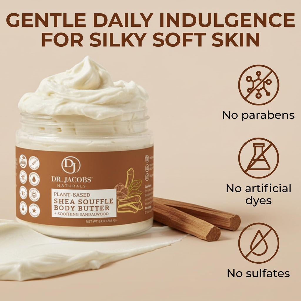 Dr. Jacobs Naturals Shea Soufflé Body Butter – Lightweight, Non-Greasy Moisturizer with Sandalwood