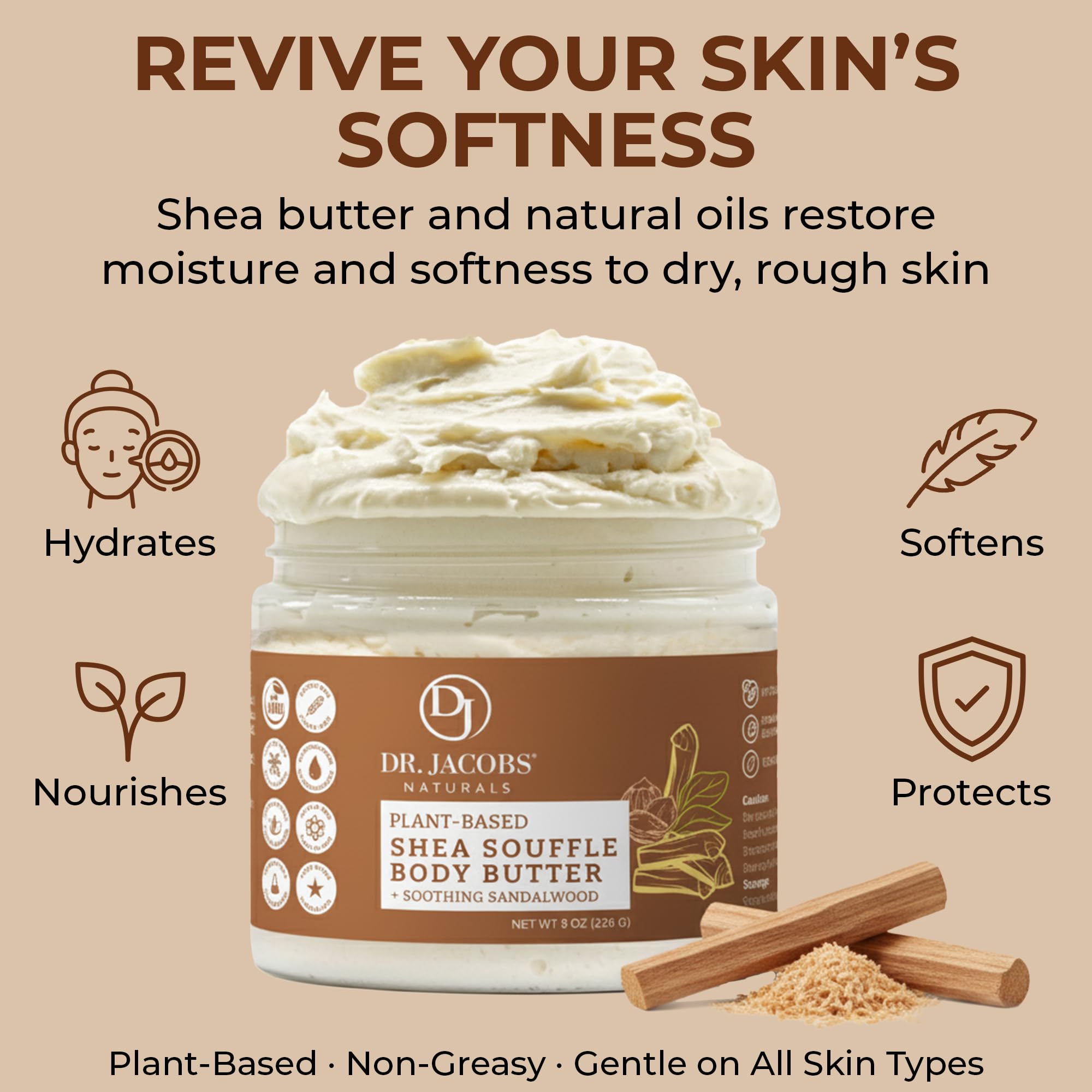 Dr. Jacobs Naturals Shea Soufflé Body Butter – Lightweight, Non-Greasy Moisturizer with Sandalwood