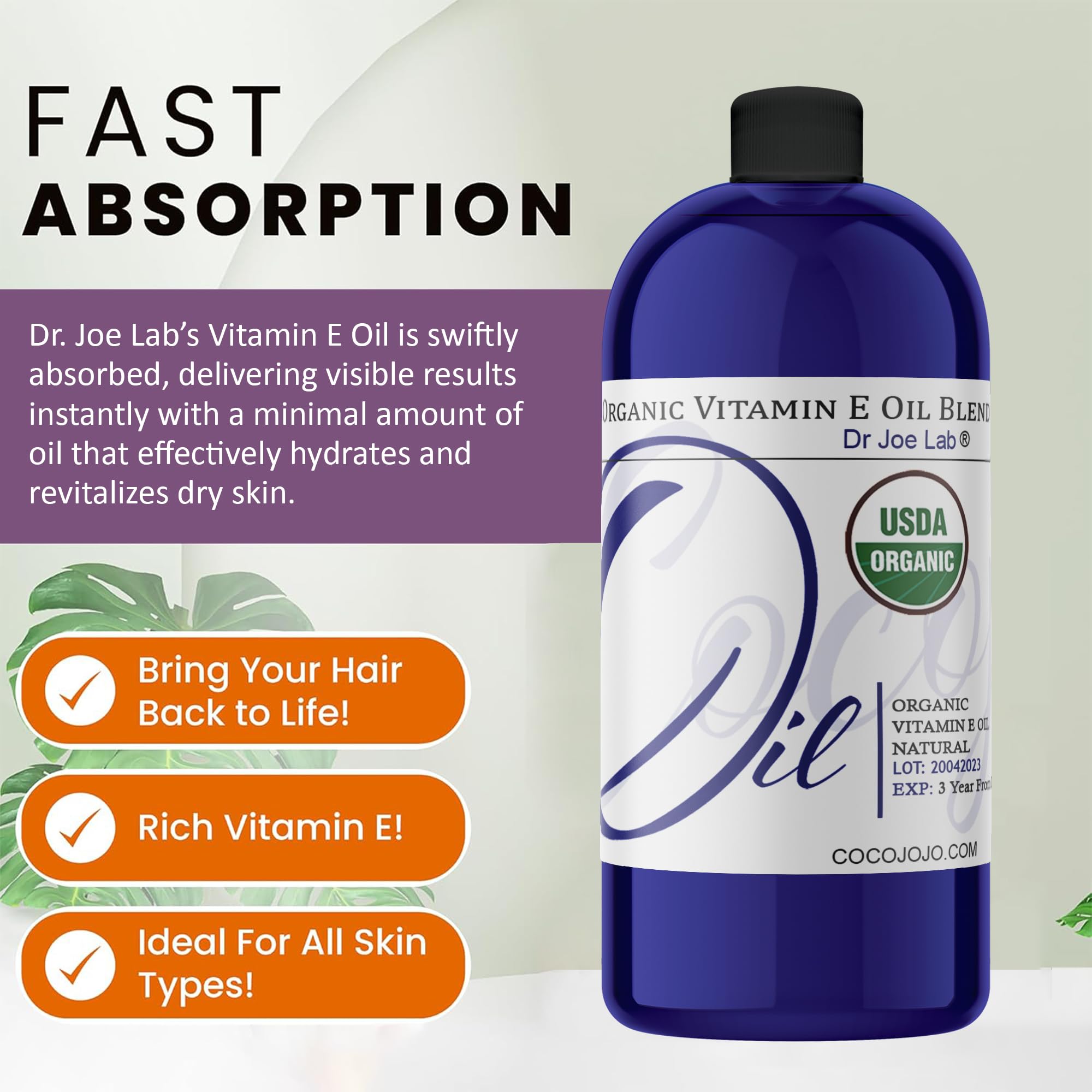 Dr Joe Lab Organic Vitamin E Oil for Skin & Hair | Cold-Pressed, Non-GMO, 32 Oz