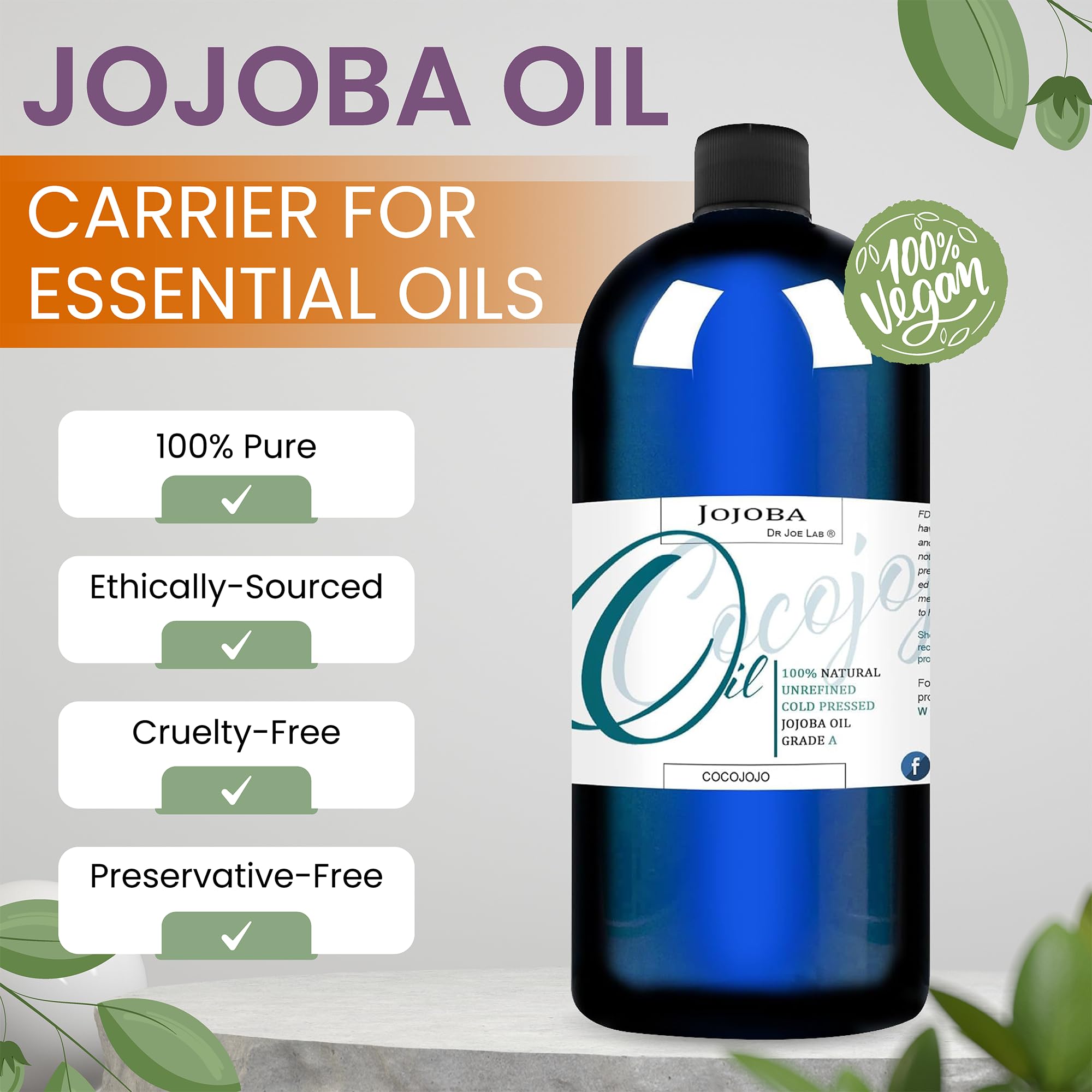 Dr Joe Lab Organic Jojoba Oil – Cold-Pressed 32oz for Hair & Skin